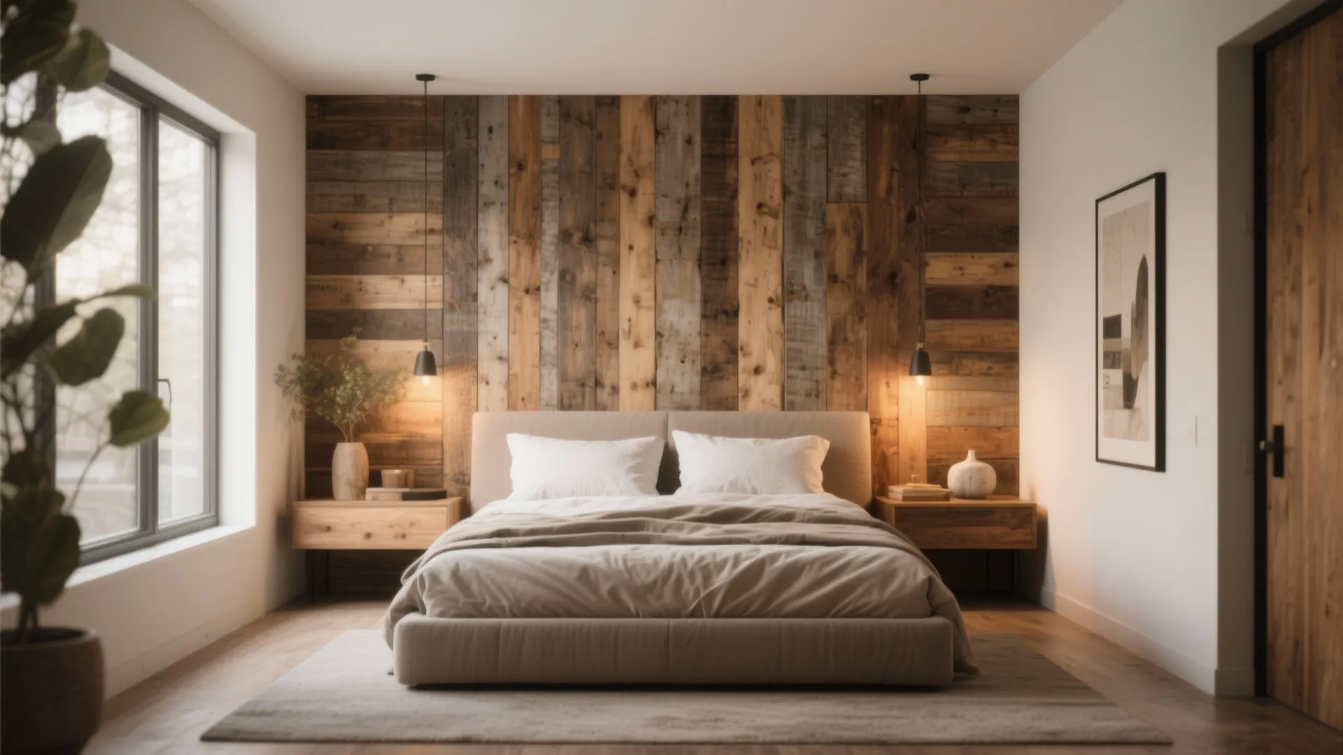 Modern bedroom featuring a rustic wood wall panel behind a bed with two small lights