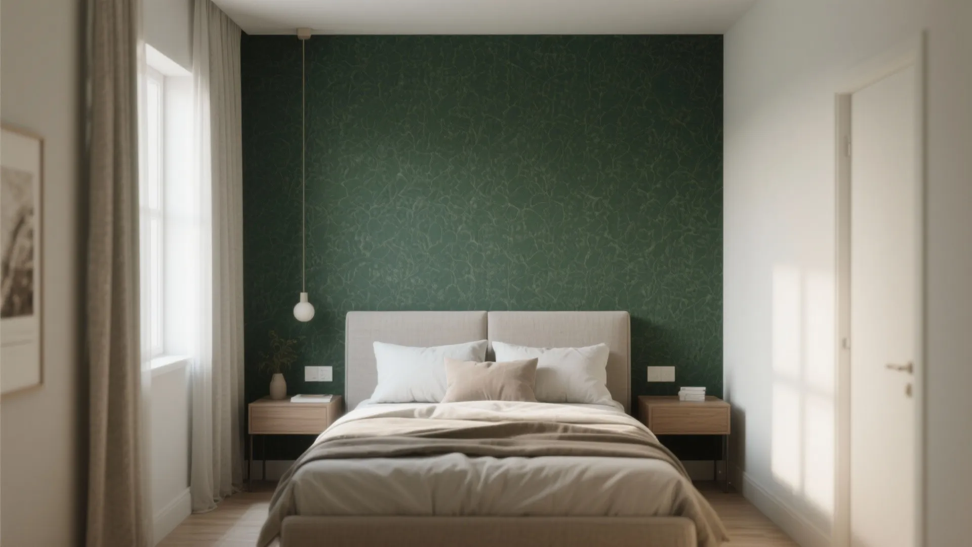 Small bedroom with forest green accent wall and neutral decor