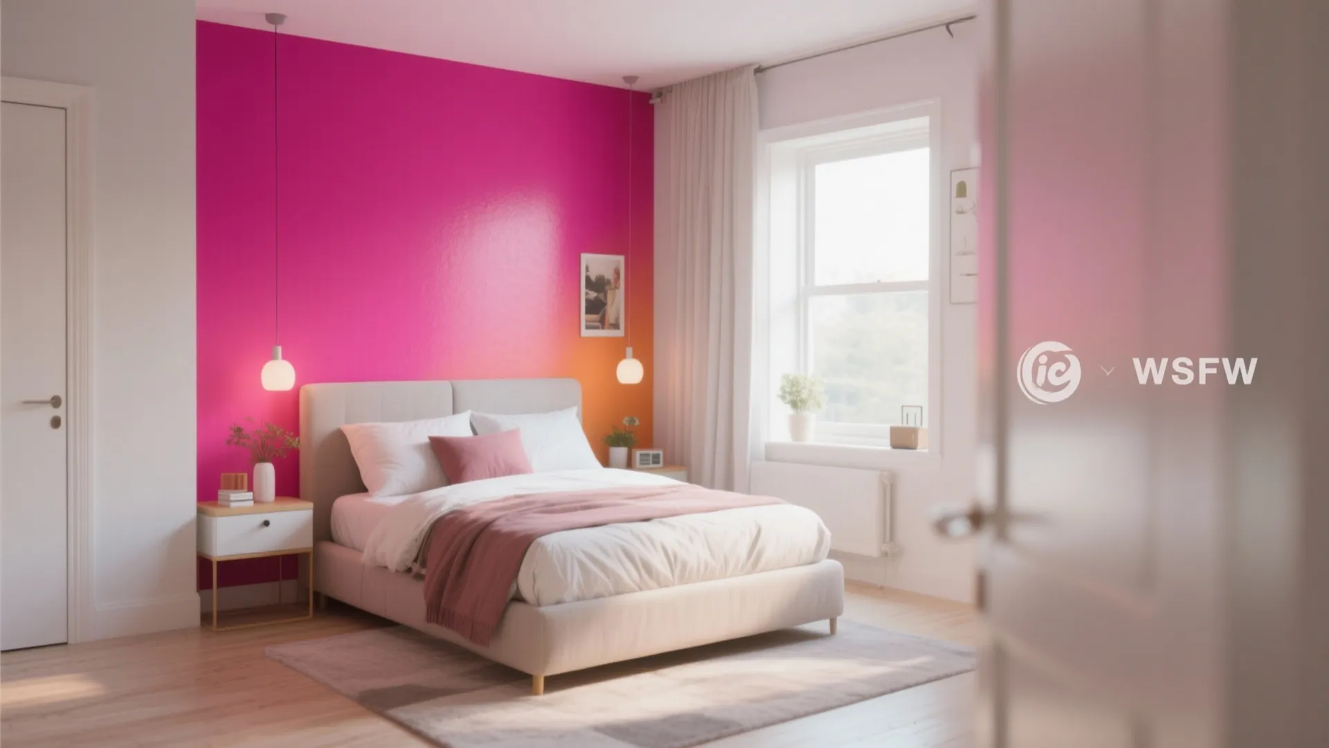 Bedroom with bright pink accent wall white bed pink pillows wooden floor and hanging lights