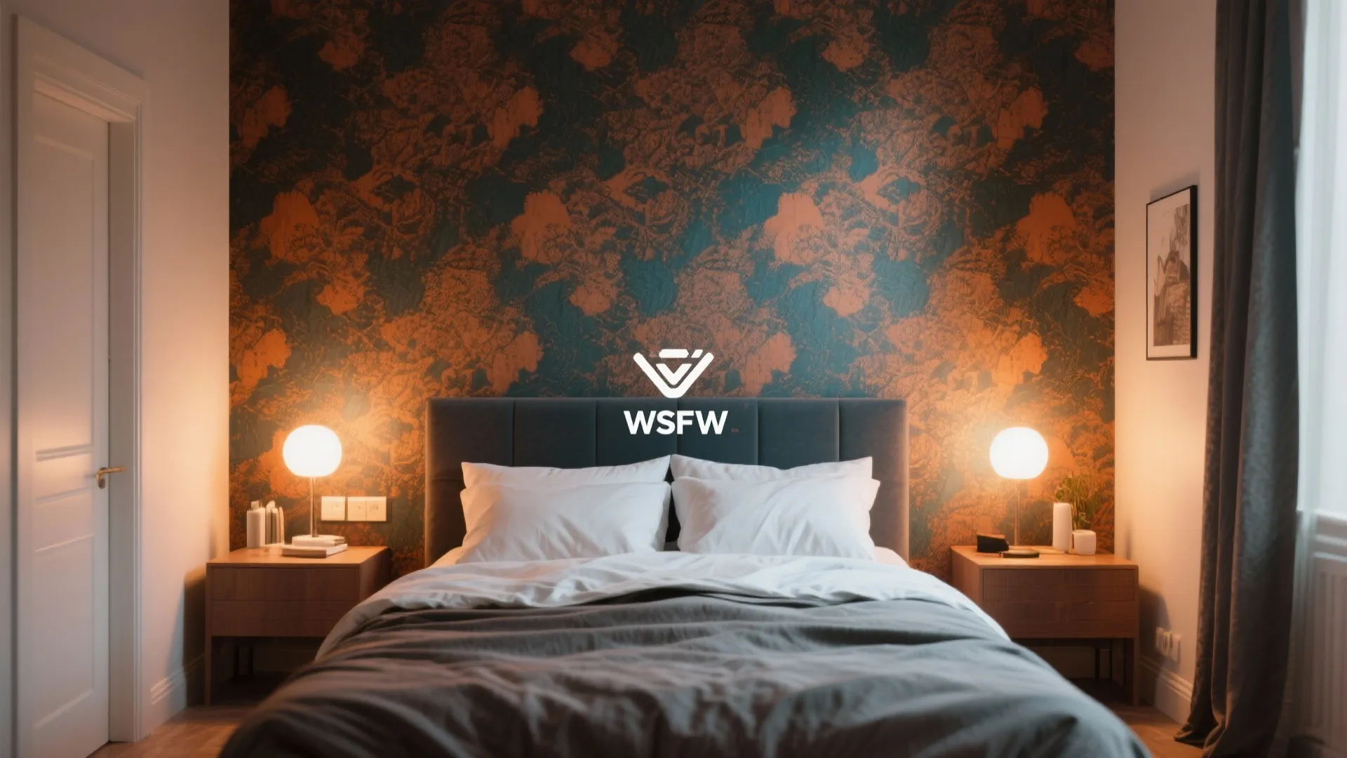 Cozy bedroom with orange patterned wall panel grey bed and two wooden bedside tables with lamps