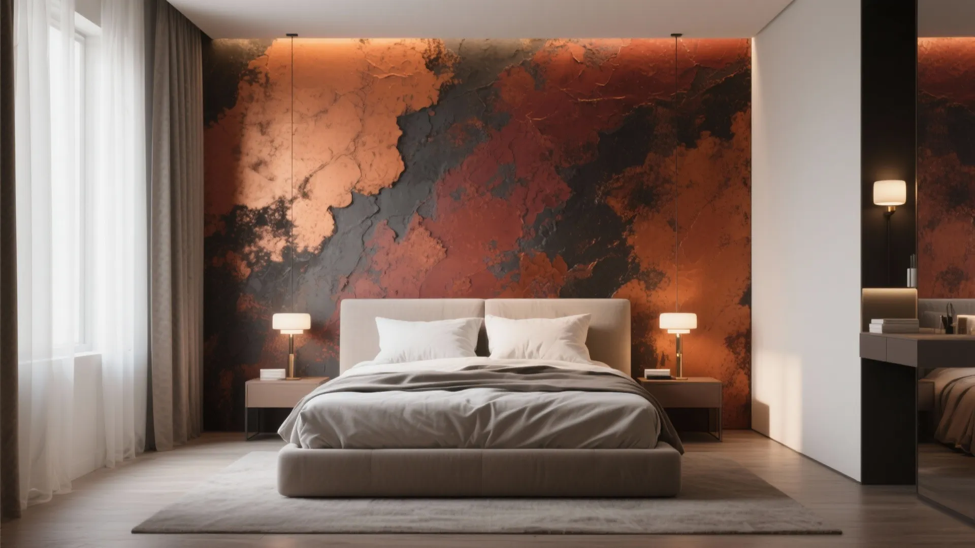 Contemporary bedroom featuring a textured orange and black accent wall with cozy lighting and bed