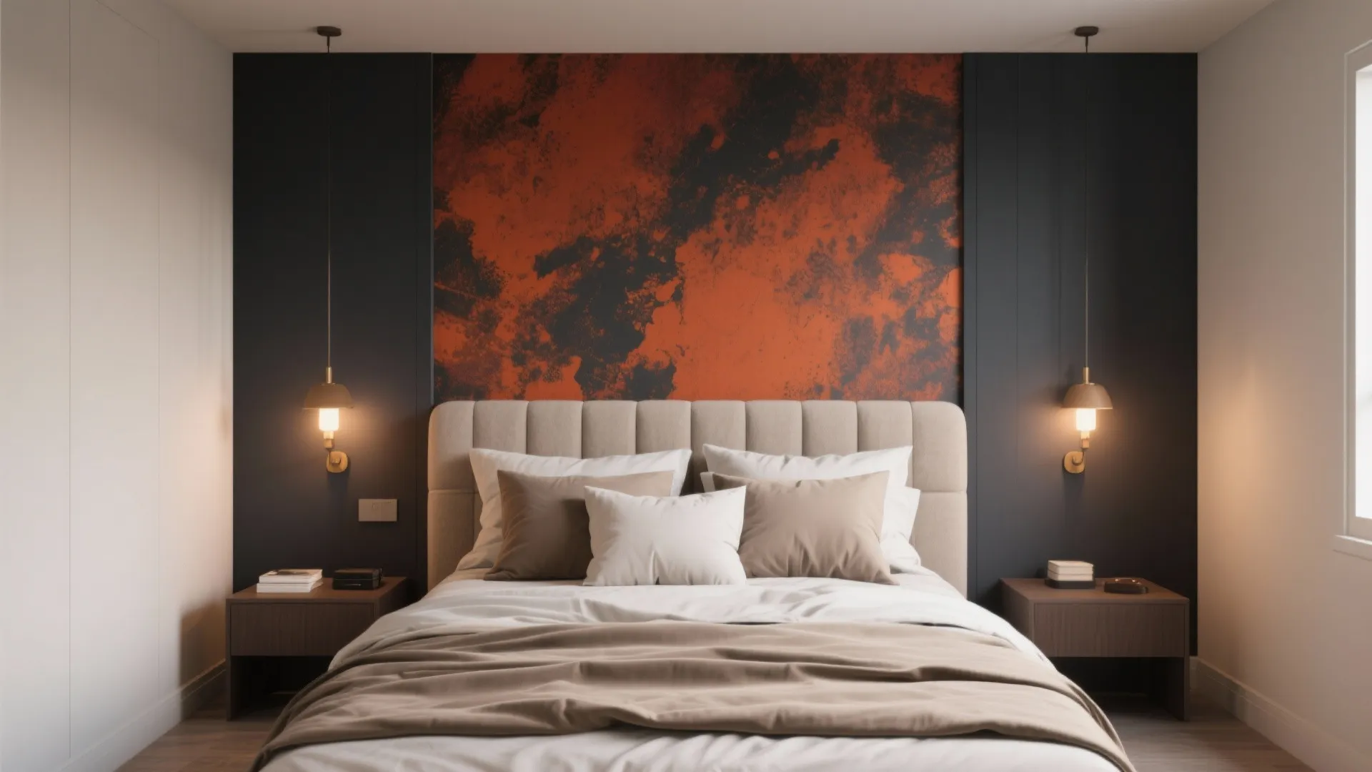 Modern bedroom with an orange and black wall panel design behind a soft beige headboard