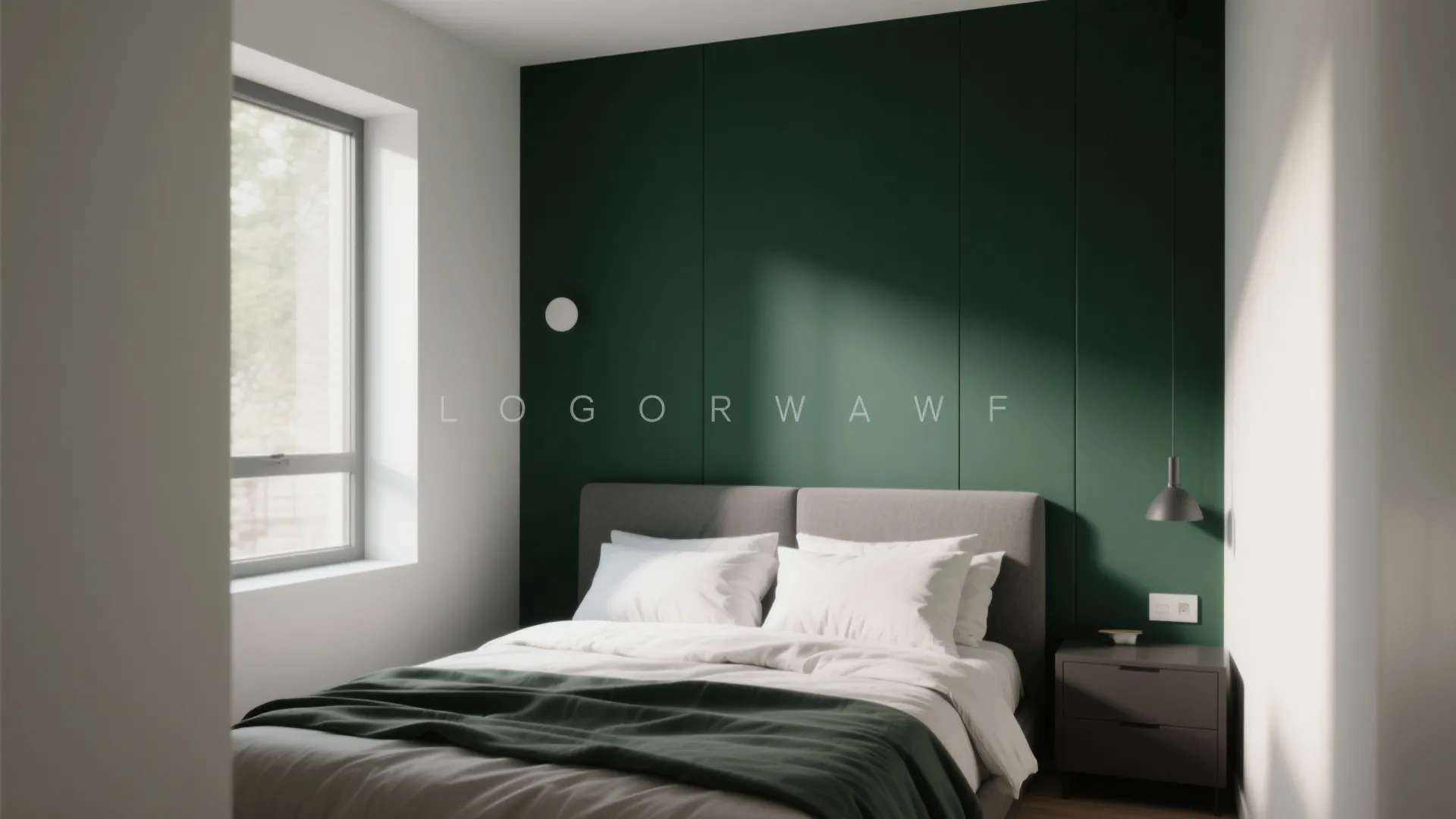 Small bedroom with deep green accent wall and modern decor