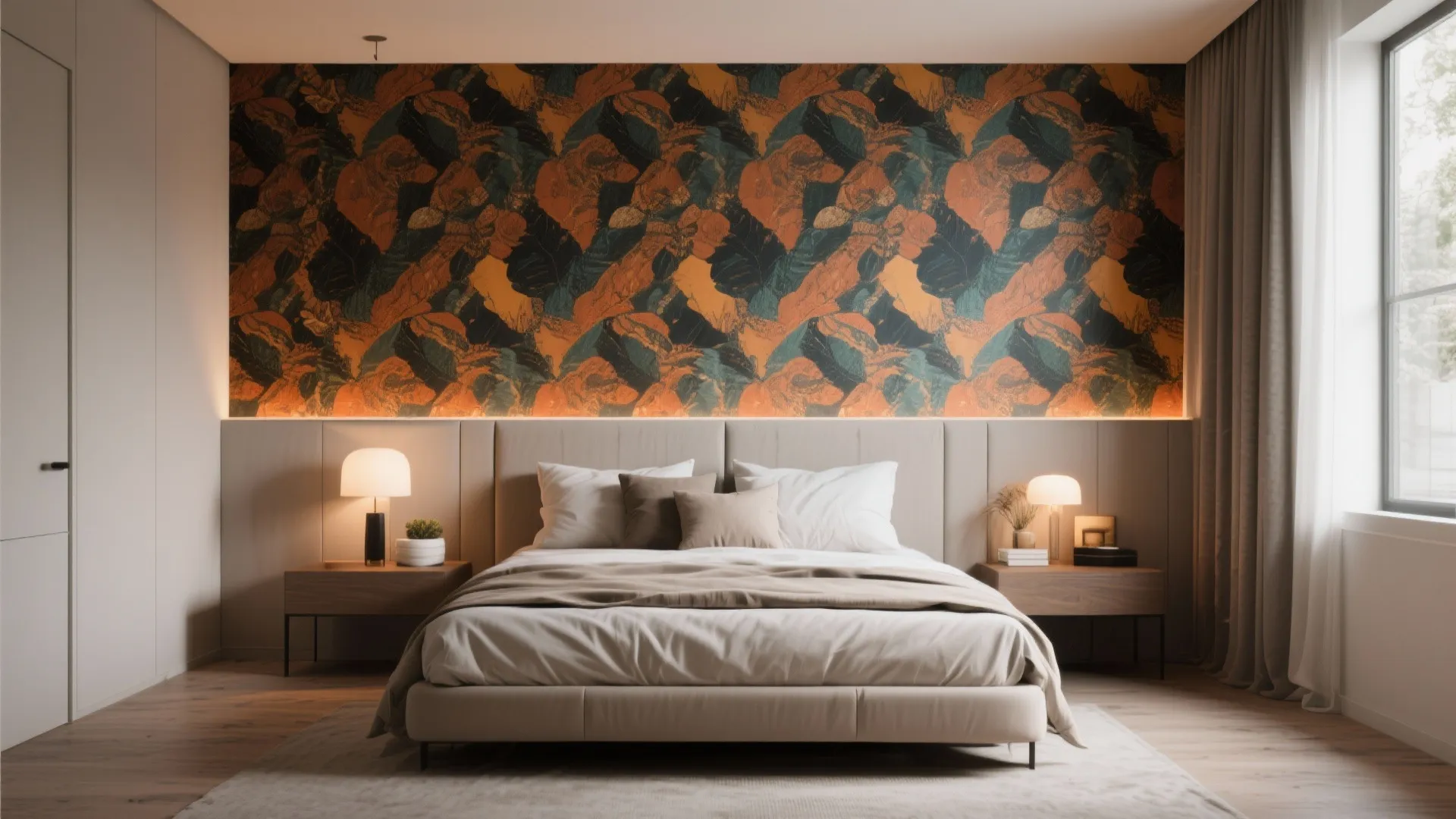 Stylish bedroom with colorful pattern wall panel wooden side tables warm table lamps and large window