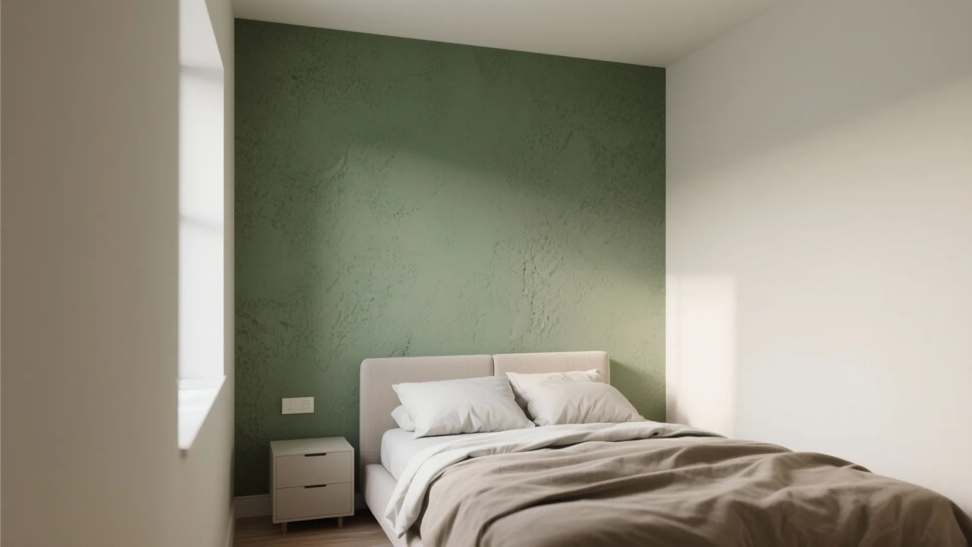 Minimalist bedroom featuring a textured green wall behind a grey bed with a small cabinet