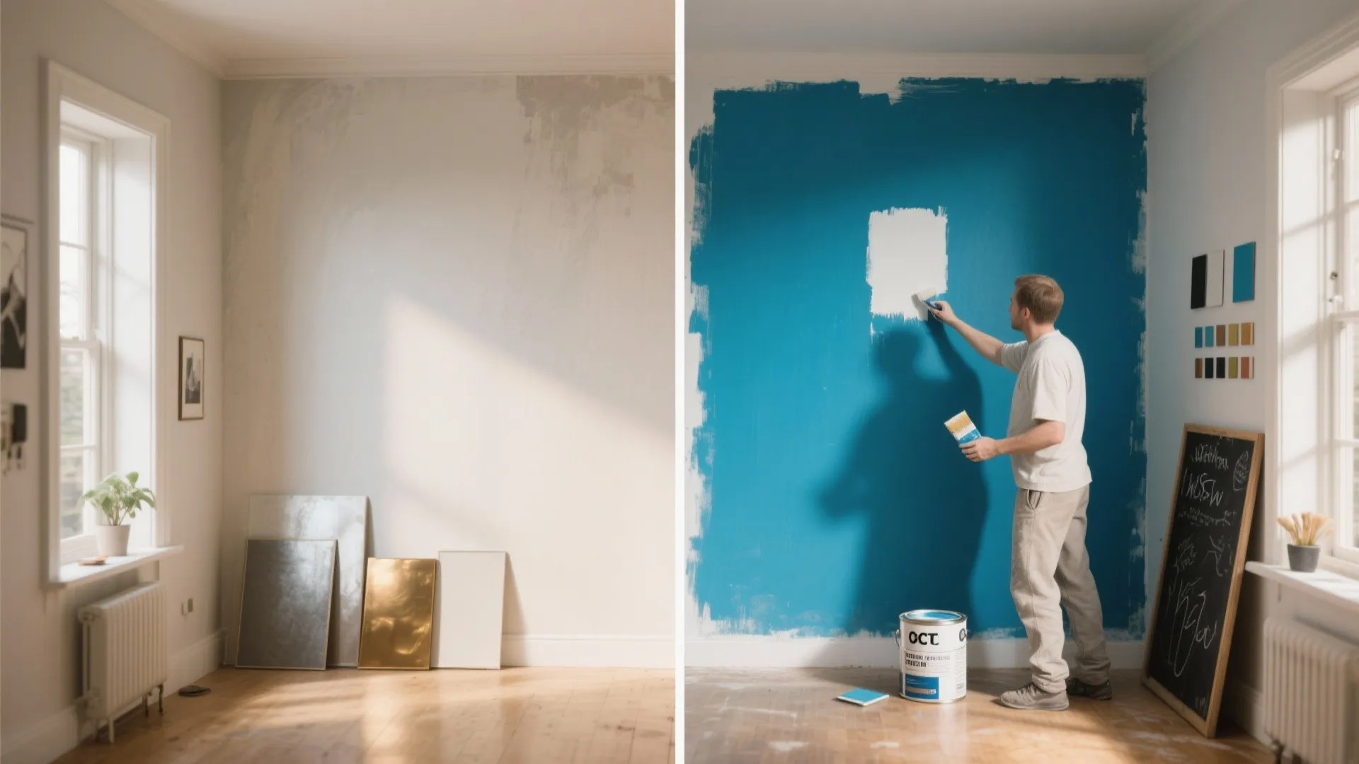 Before and after comparison of a plain white wall versus a person painting blue color