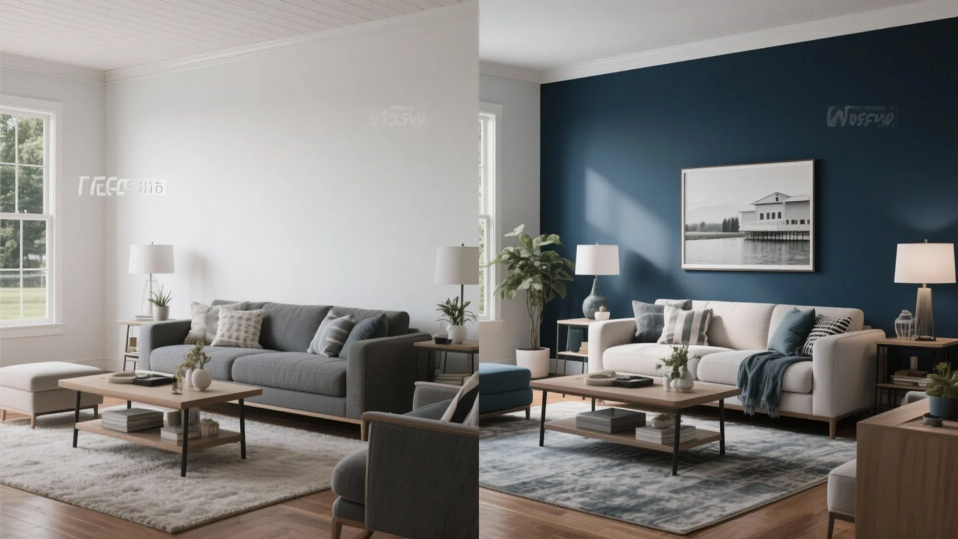 Before and after comparison showing living room with white wall vs dark blue accent wall