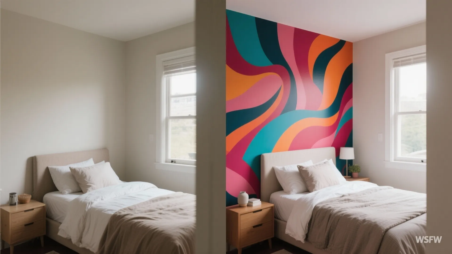 Before and after comparison of a plain white bedroom wall versus colorful wavy pattern wallpaper