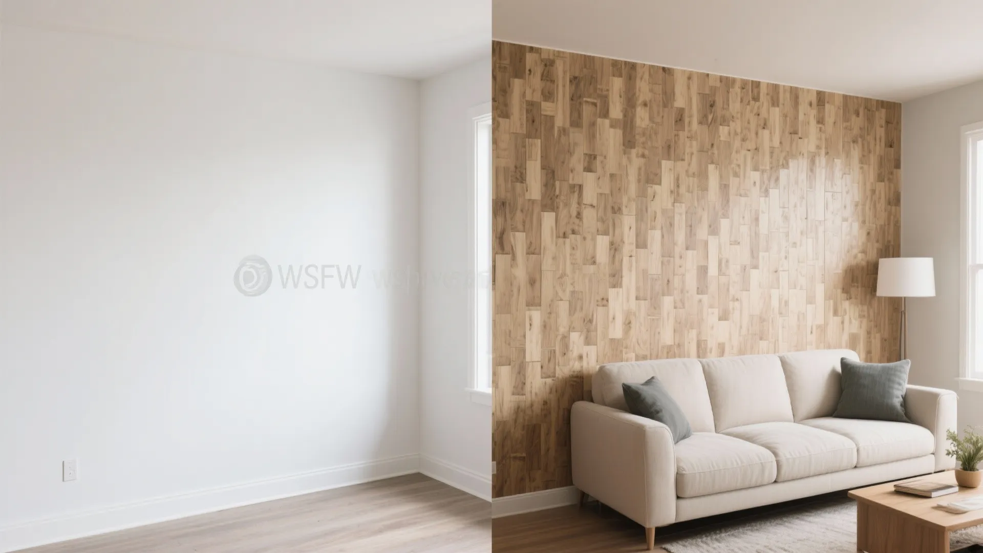 Before and after of a plain wall transformed with textured panels