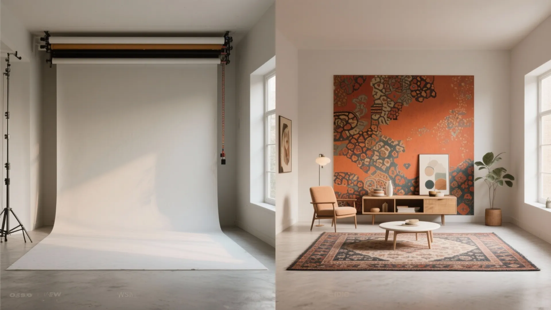 Before and after comparison showing empty photo studio and decorated living room with large orange art