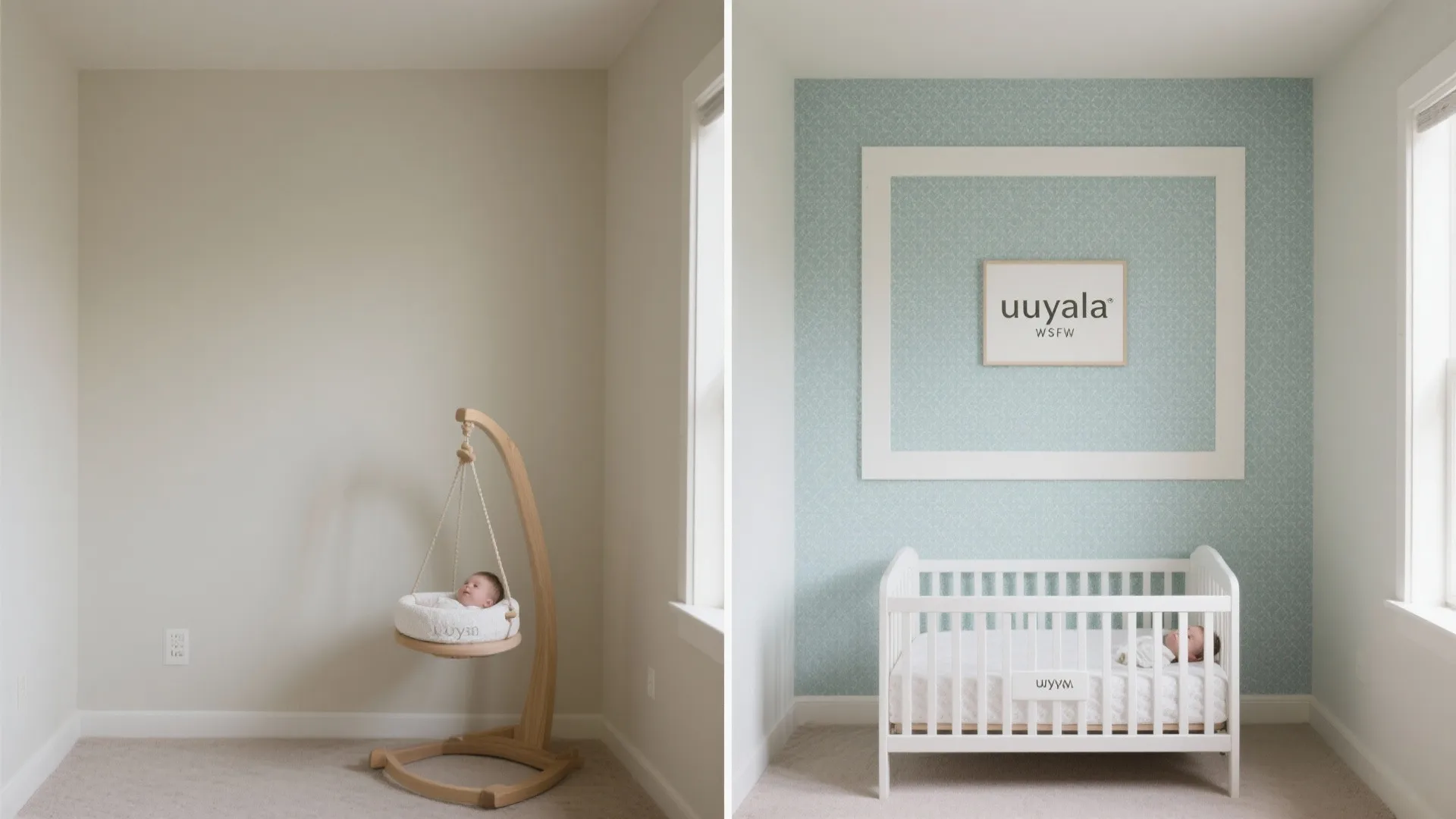 Before and after comparison showing a plain nursery room transformed with blue wallpaper and crib
