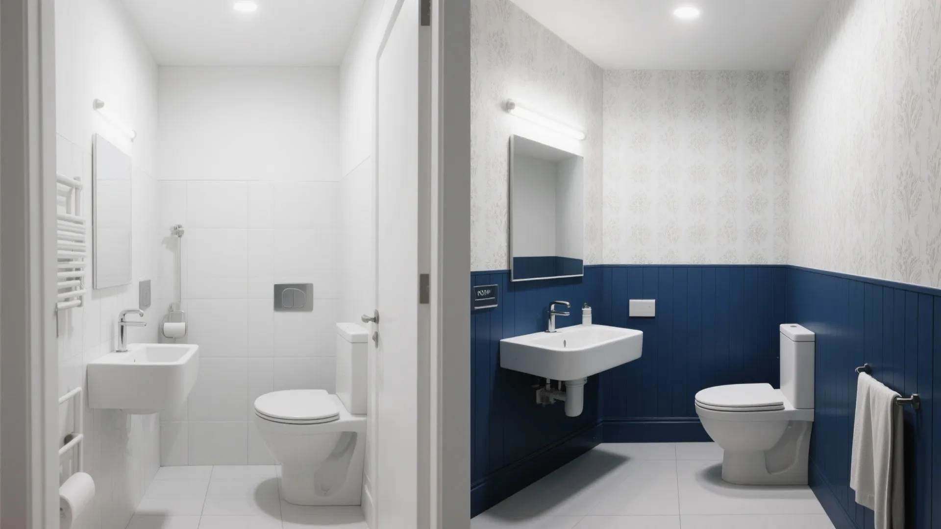 Before-and-after of a small bathroom with and without a deep navy accent wall