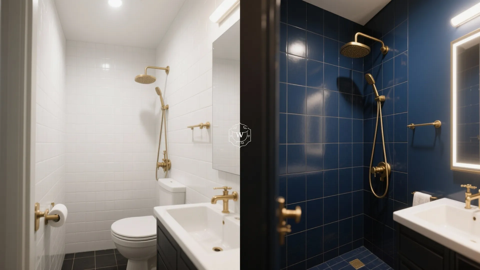 Before and after comparison of a bathroom showing a white wall layout versus blue tiles