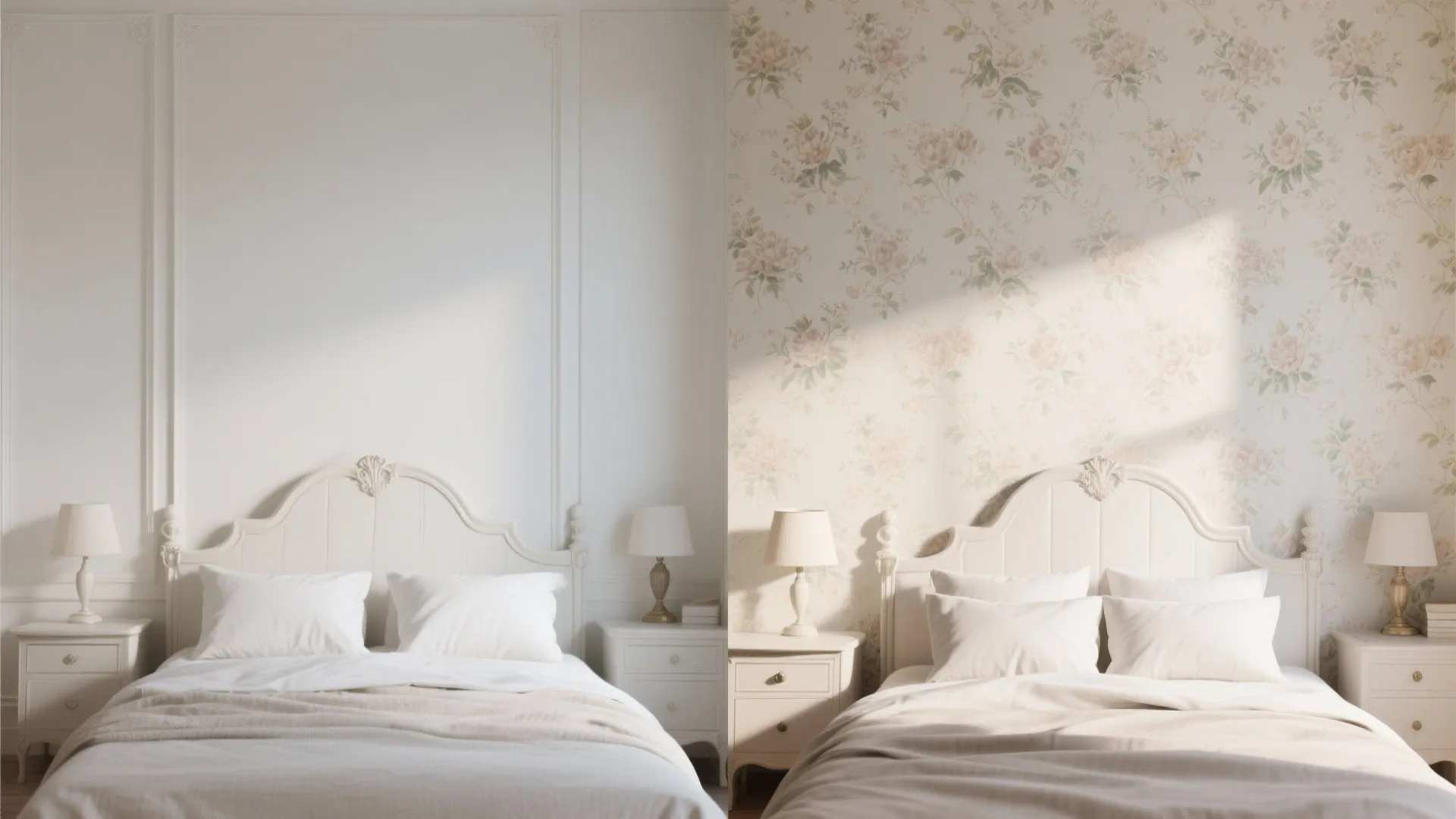 Before and after: plain wall vs. subtle floral wallpaper behind antique white bed