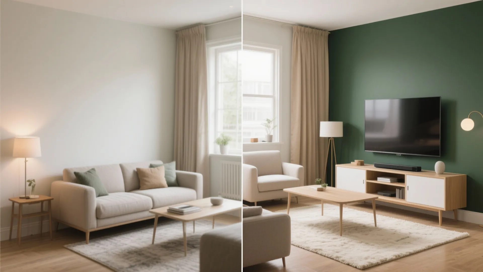 Before and after comparison of a living room showing plain white walls versus green accent wall