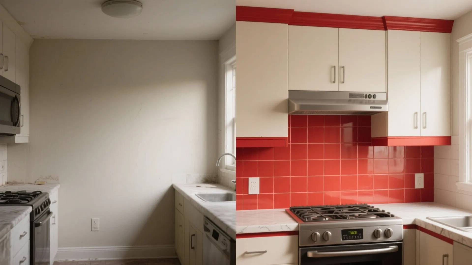 Before-and-after of a small kitchen showing a bold scrubbable accent backsplash and trimmed walls for drama without extra maintenance.