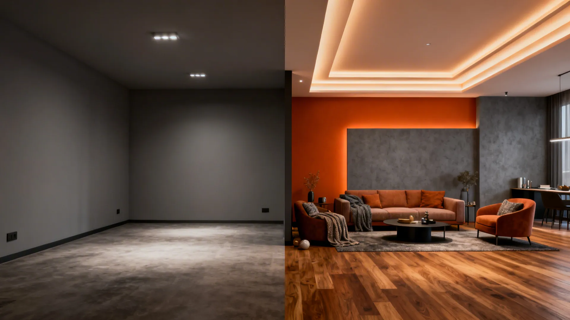 Before-and-after of a studio: plain grey wall and dim light transformed with a burnt-orange accent wall and warm uplighting.