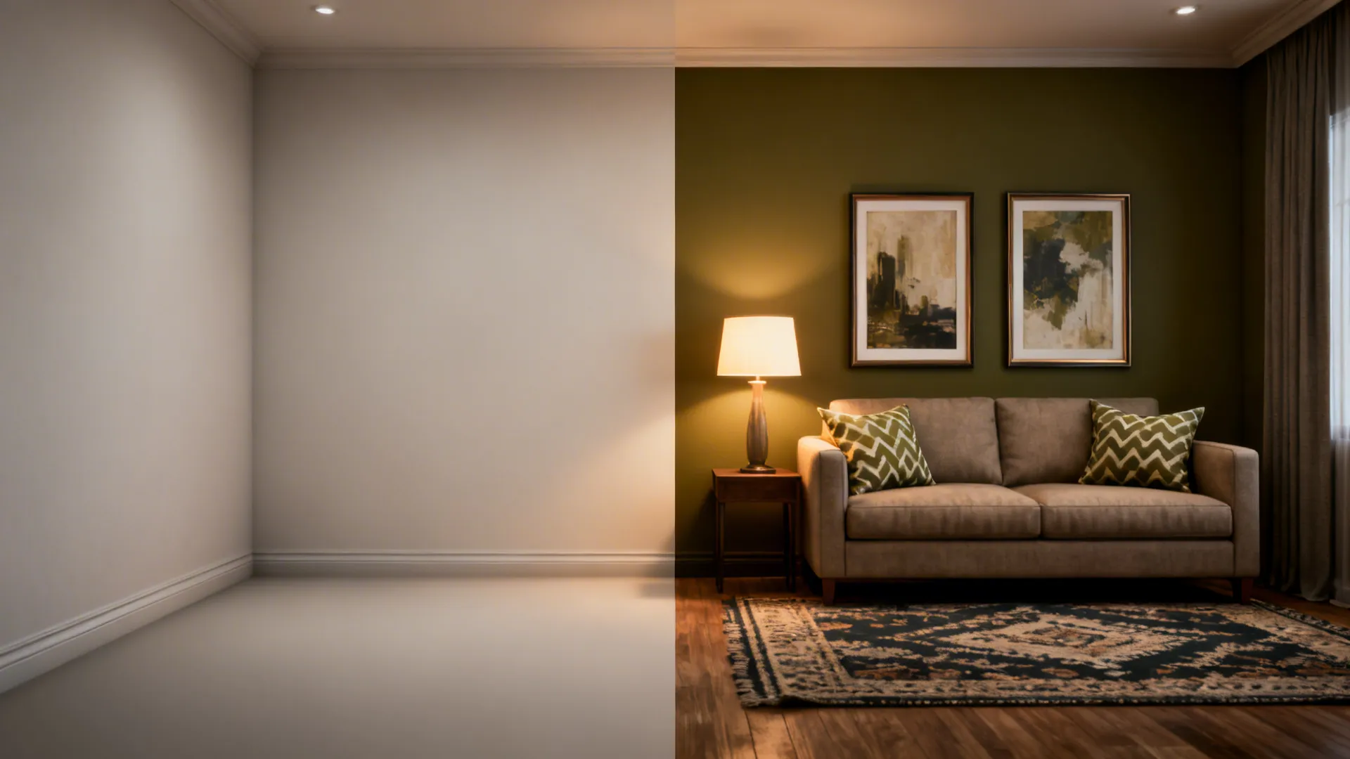 Before-after of a living room transforming with a deep olive accent wall behind the sofa.