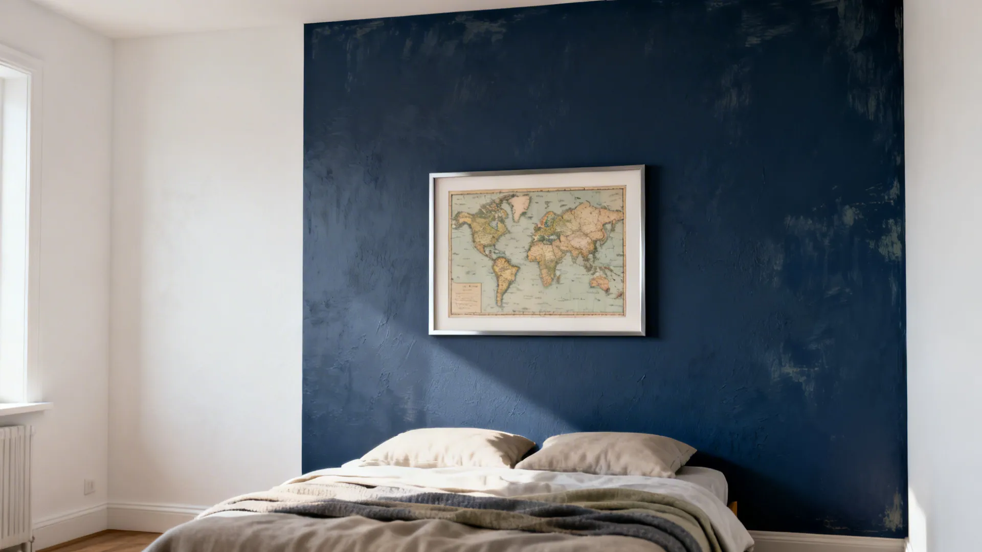 Modern bedroom with navy blue accent wall, framed world map, white walls, and simple bed