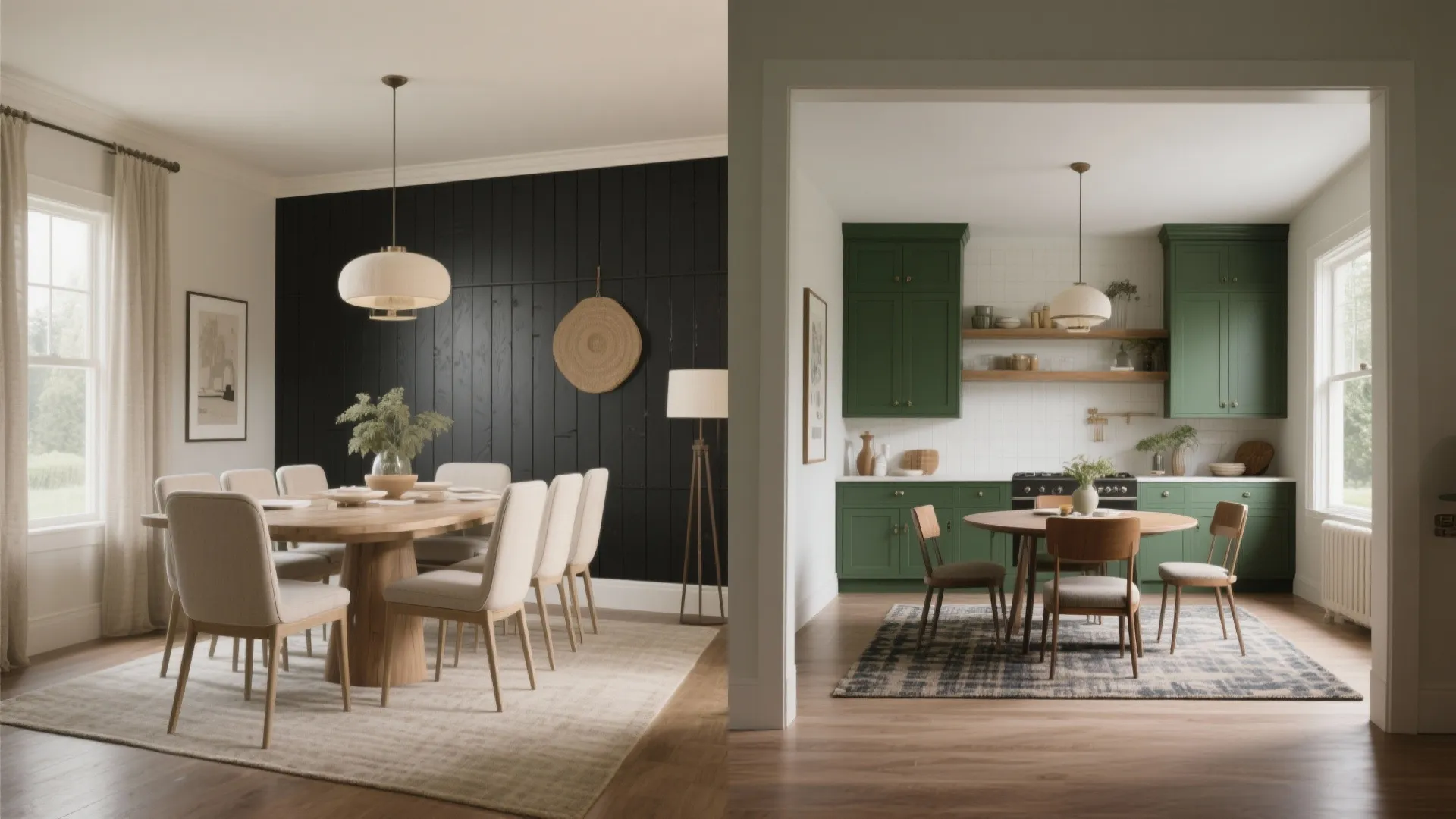 Before and after of dining room showing layered neutrals and a bold charcoal accent wall