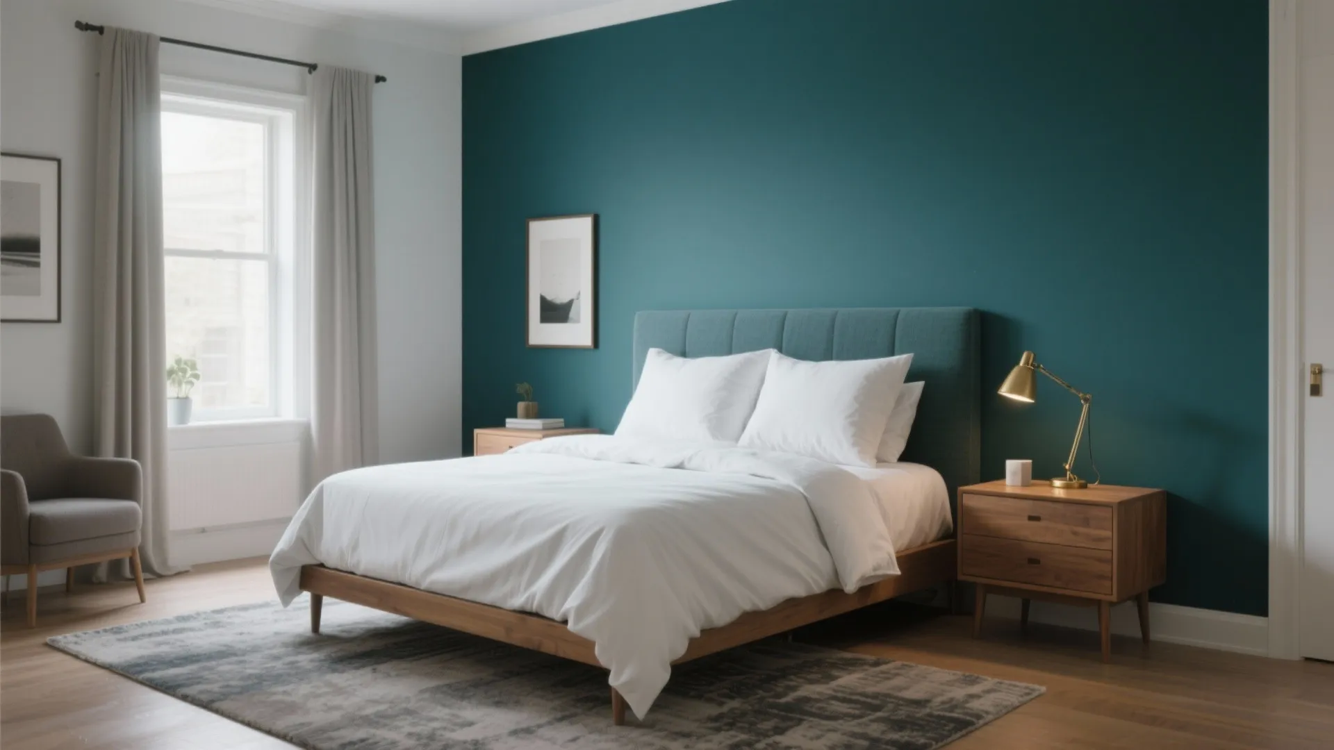 Bedroom showing a rich teal accent wall behind the bed with white bedding and oak nightstands.