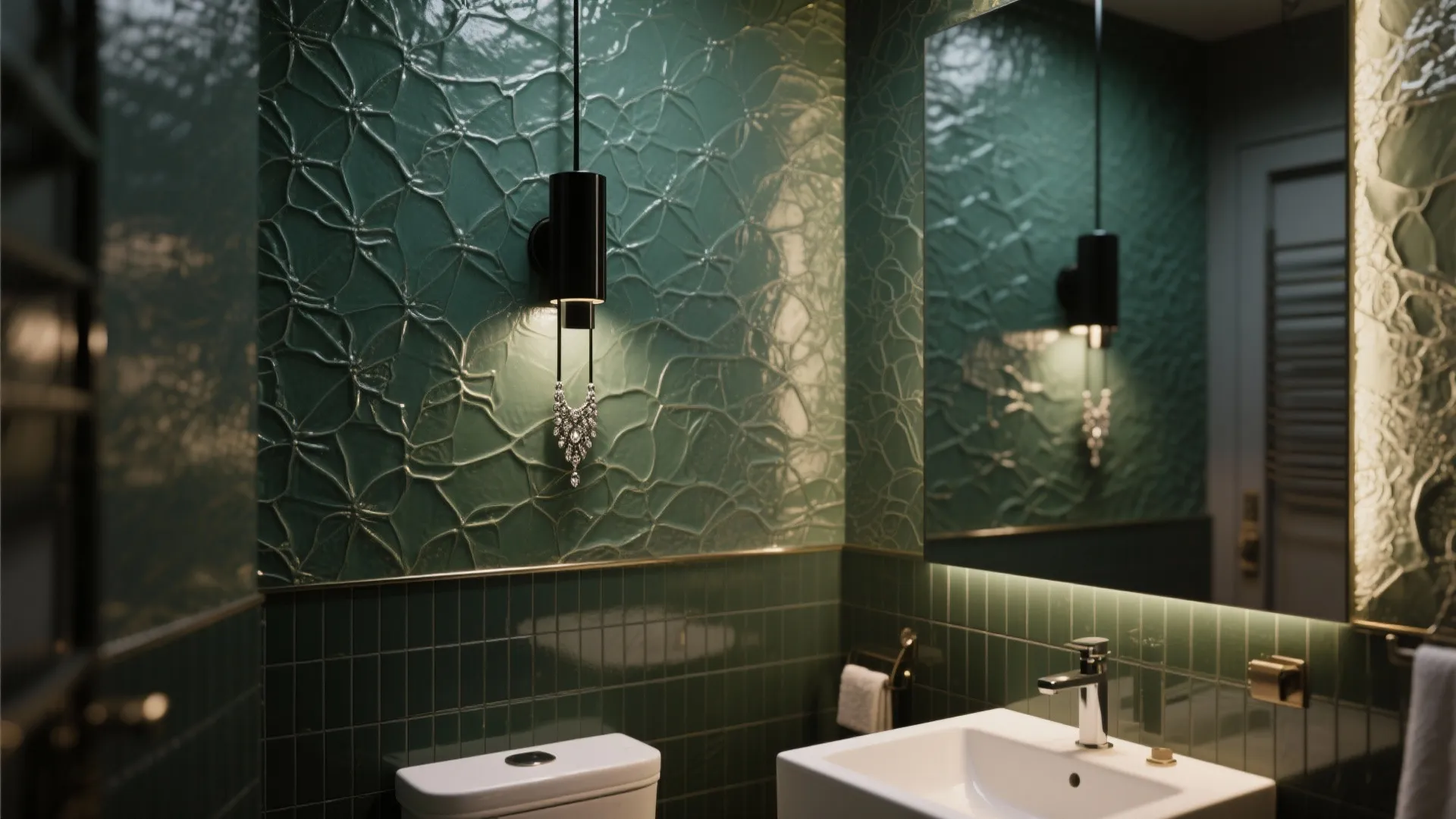Small bathroom with a matte emerald tile accent wall and a slim black vanity light mounted as a sculptural focal point.