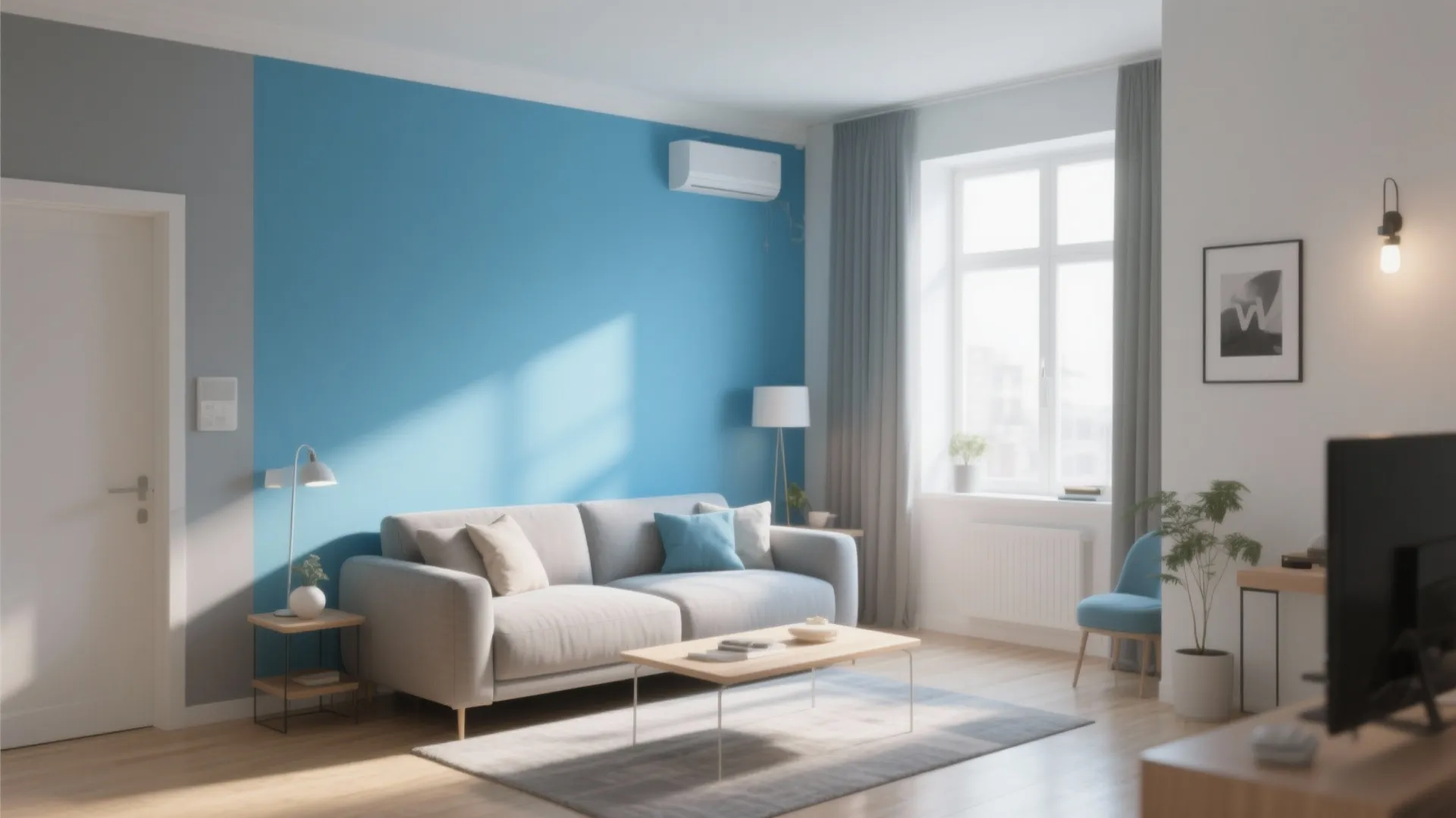 Accent wall in robin's egg blue balanced with neutral tones