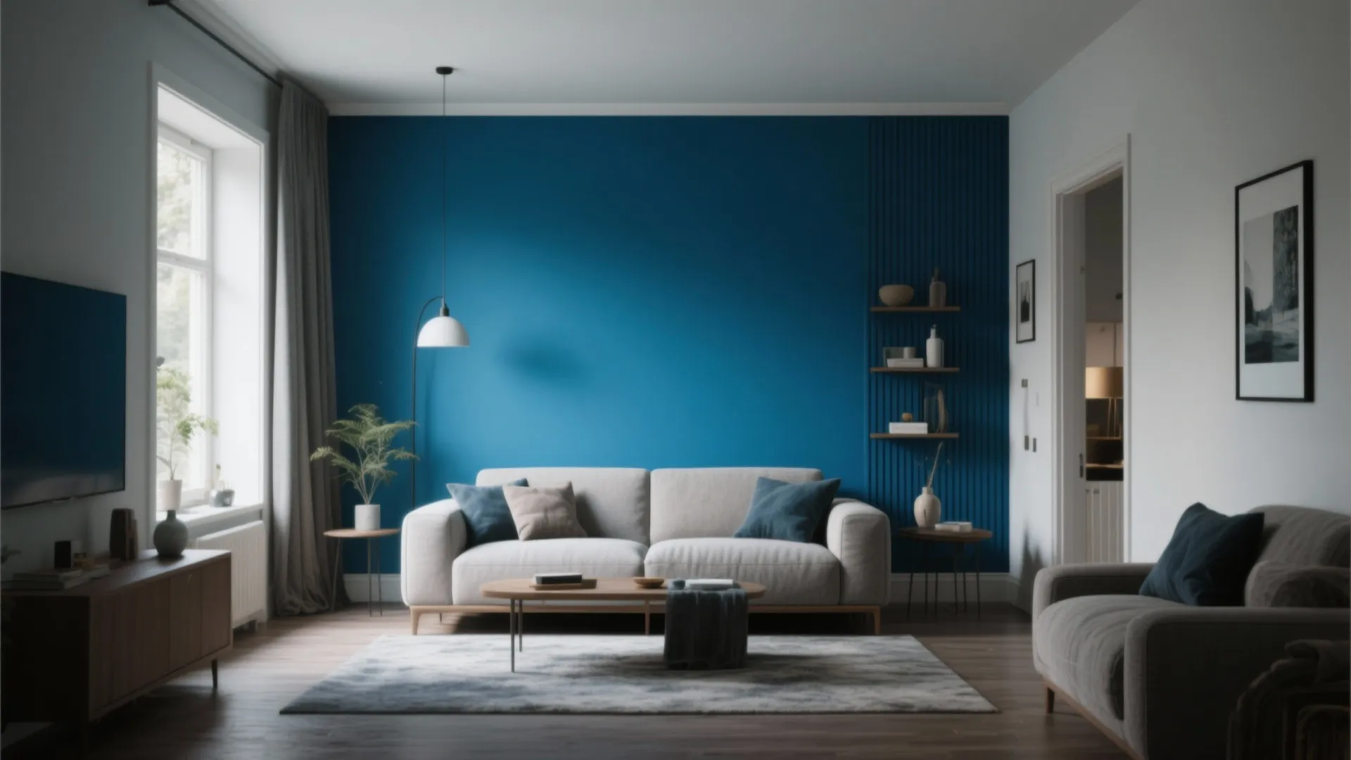 Modern living room with blue accent wall featuring a grey sofa wooden table and rug
