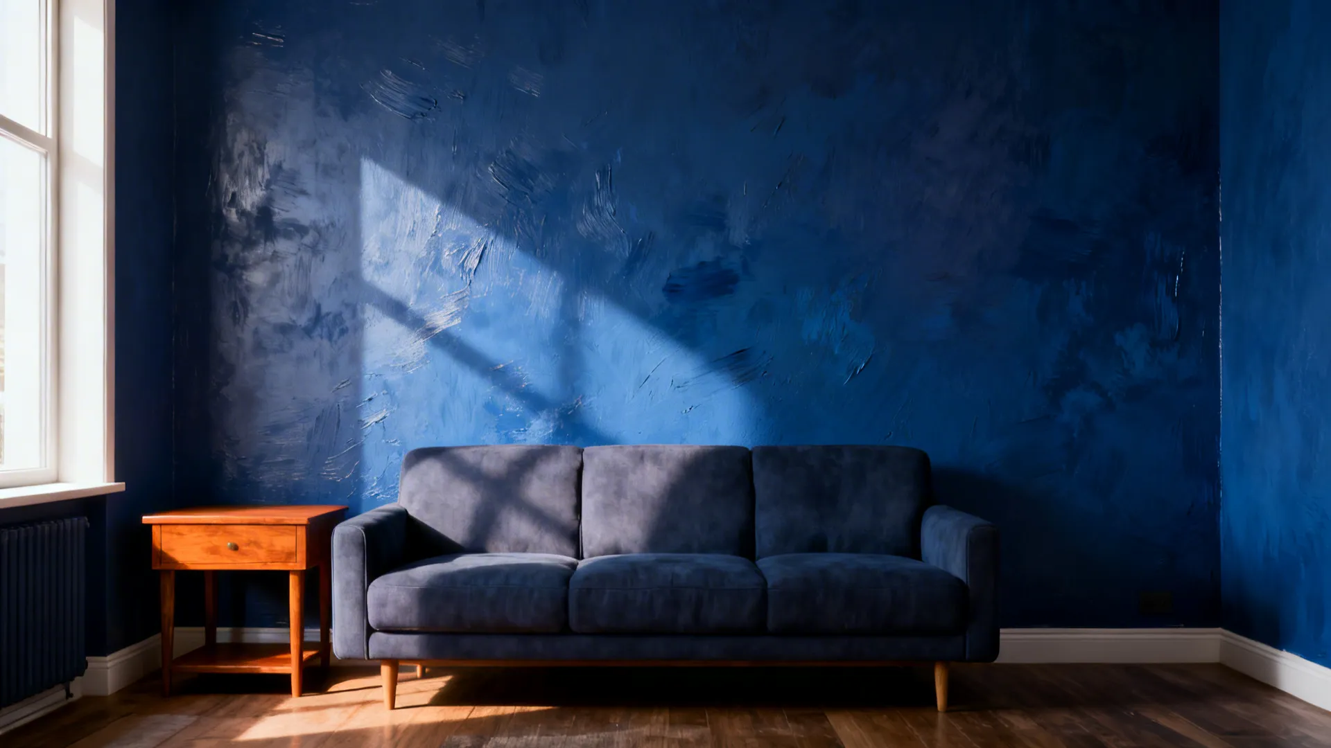 Small living room with a deep-blue accent wall and warm wood accents