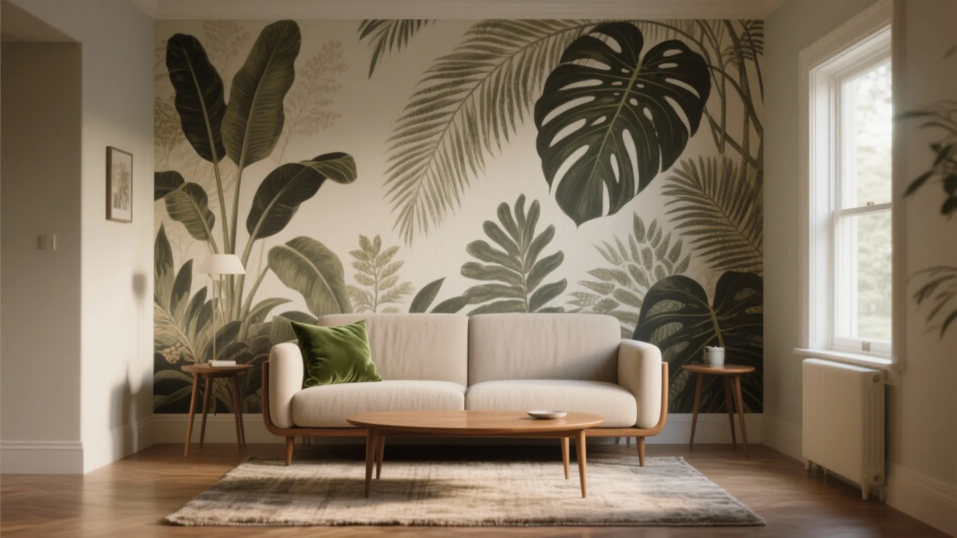 Living room featuring botanical wallpaper, beige sofa, green pillow, wooden table, rug, and natural light