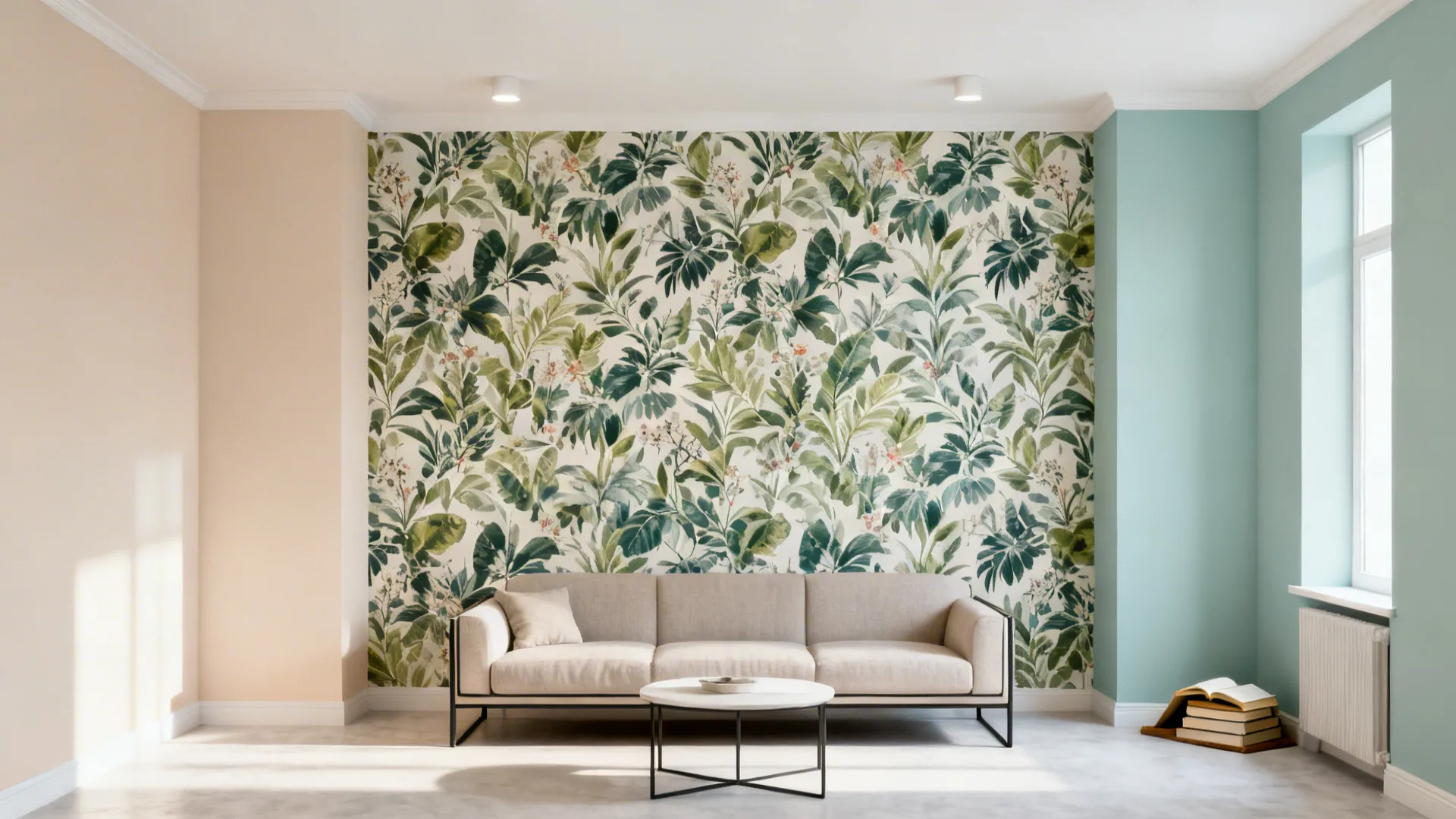 Narrow living room with a bold botanical accent wall and soft-toned surrounding walls.