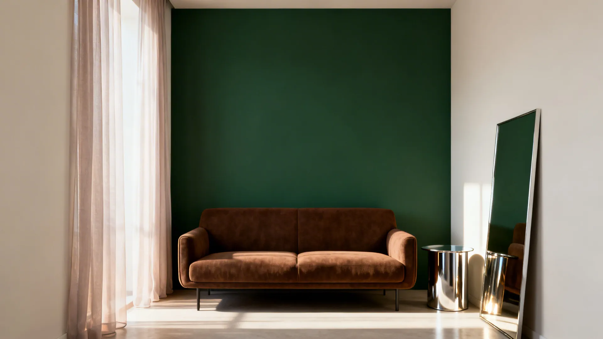 Living room with a single deep green accent wall behind a brown sofa and pale curtains.