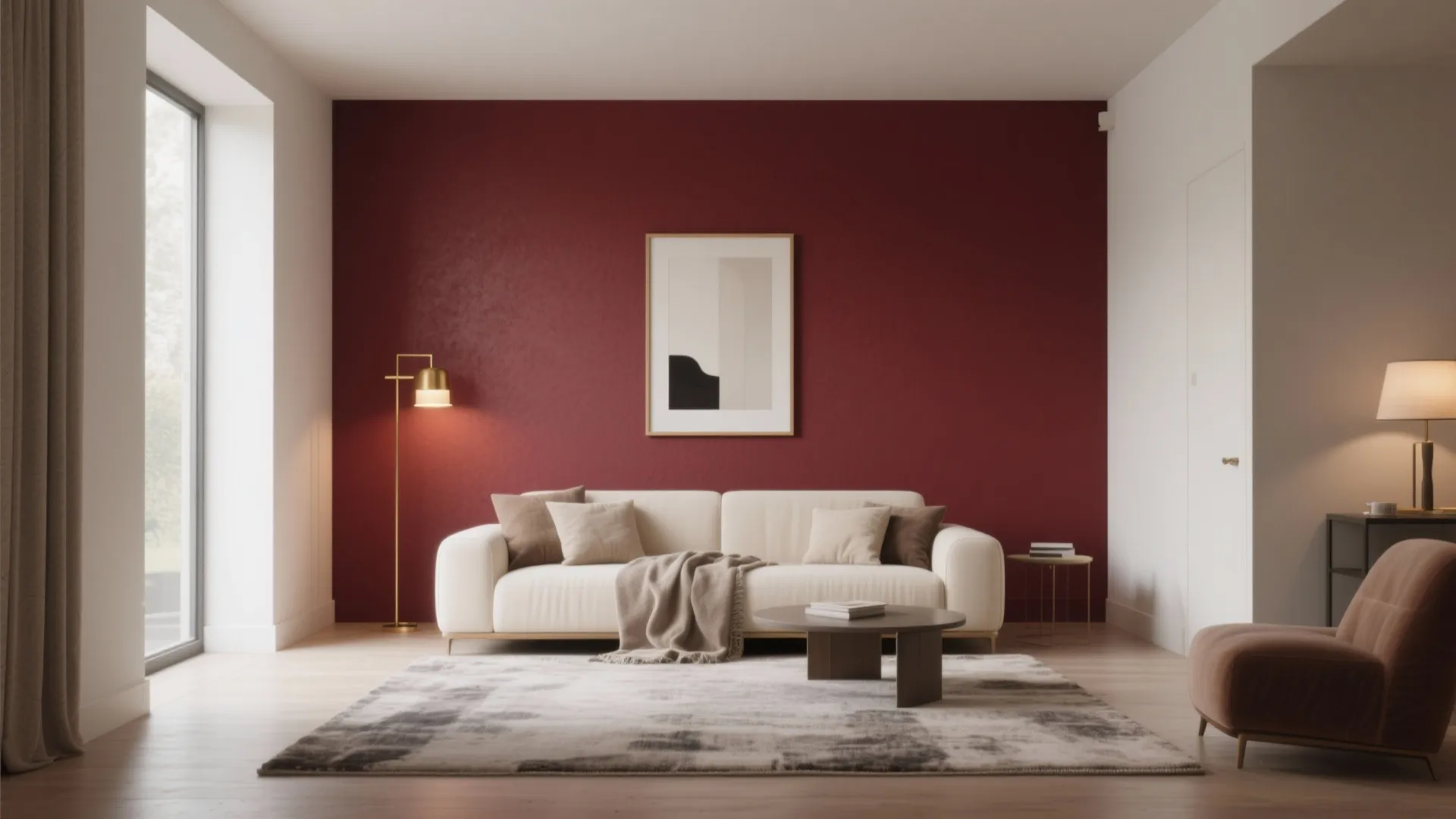 Modern living room with burgundy wall white sofa framed art gold floor lamp and rug