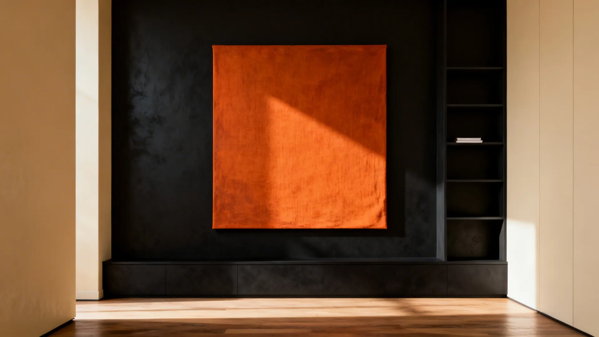 Matte black accent wall with a large burnt orange artwork in a small living room
