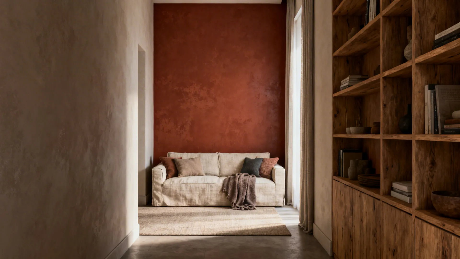 Living room with a rich terracotta accent wall, light linen sofa and natural wood shelves
