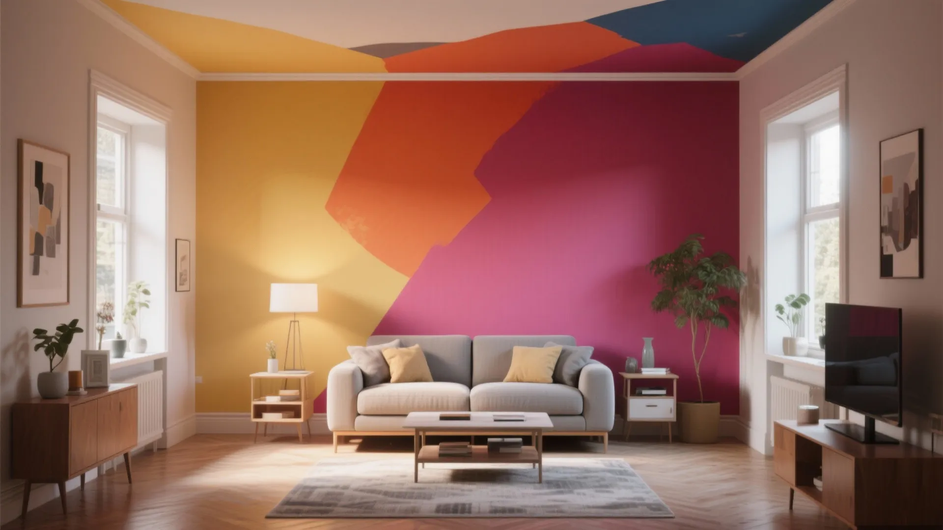 Small living room with a statement accent wall and a painted ceiling creating high impact with minimal paint.