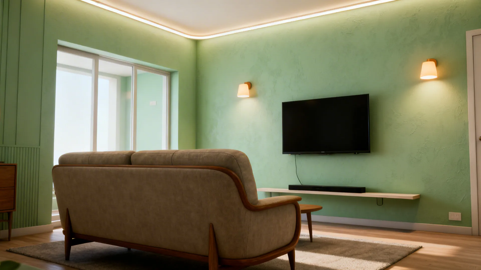 Modern green living room with ceiling light strips, wall lights, beige sofa, and flat television screen
