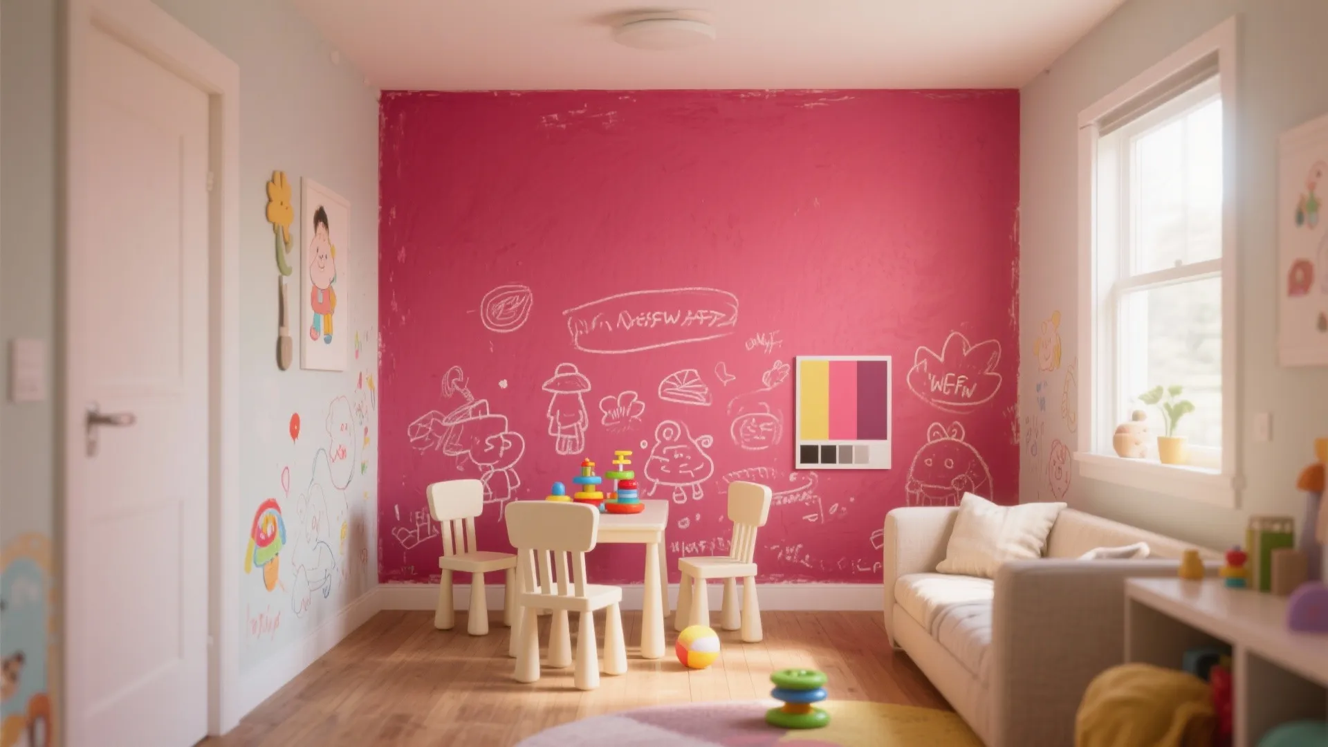 Kids playroom with pink accent wall covered in chalk drawings small white table and chairs