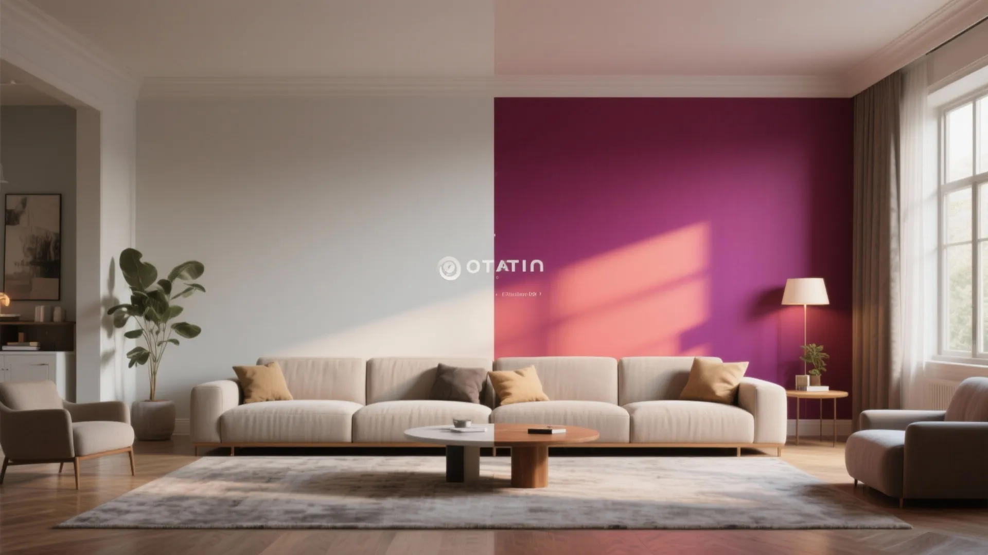 Modern living room featuring a beige sofa against a white and purple split wall design