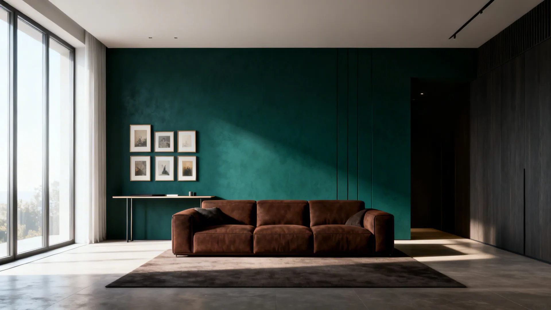 Modern living room featuring dark green wall brown sofa rug framed pictures and large windows