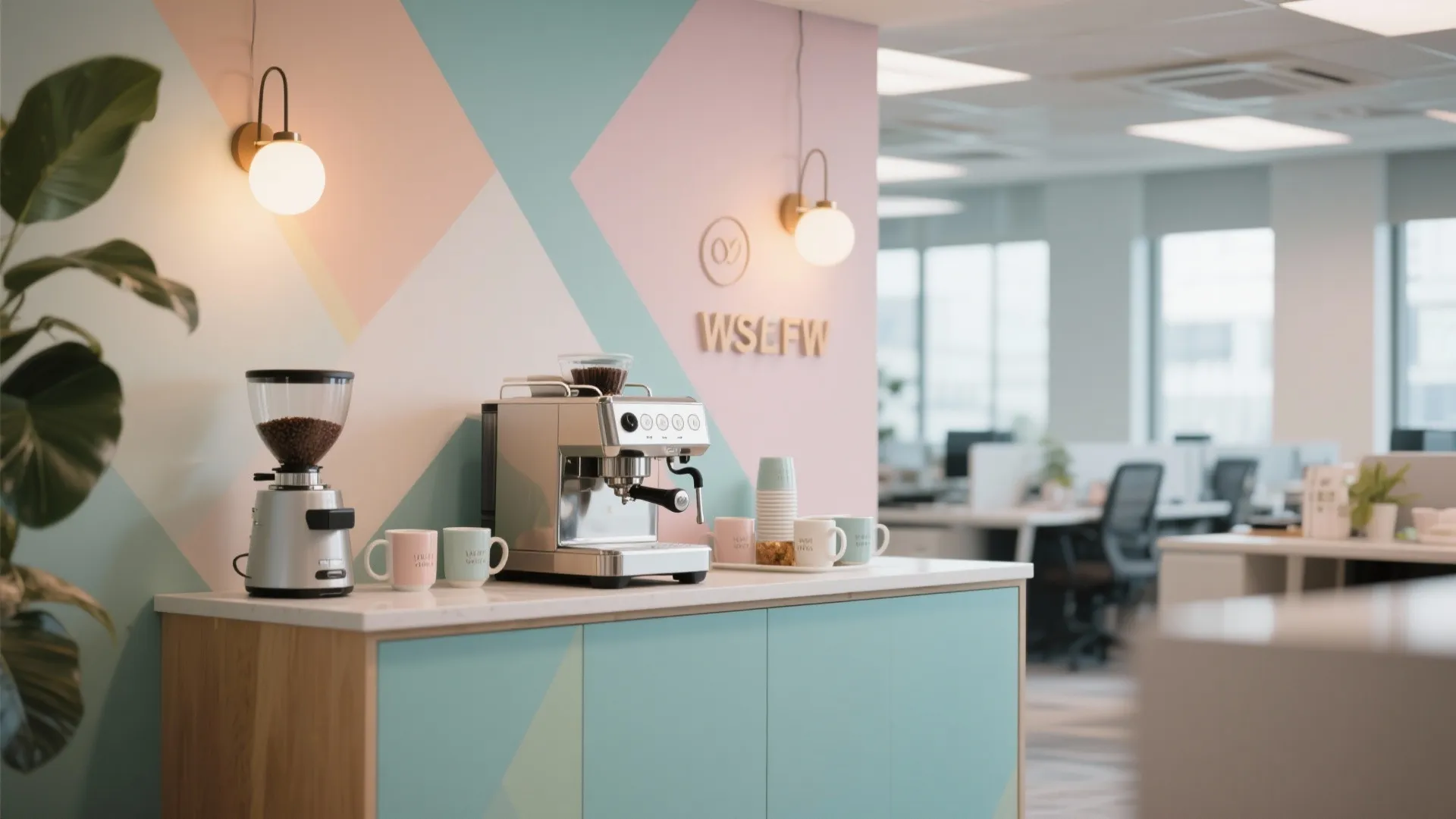 Coffee station with colorful geometric wall design wall lights and a professional silver coffee machine