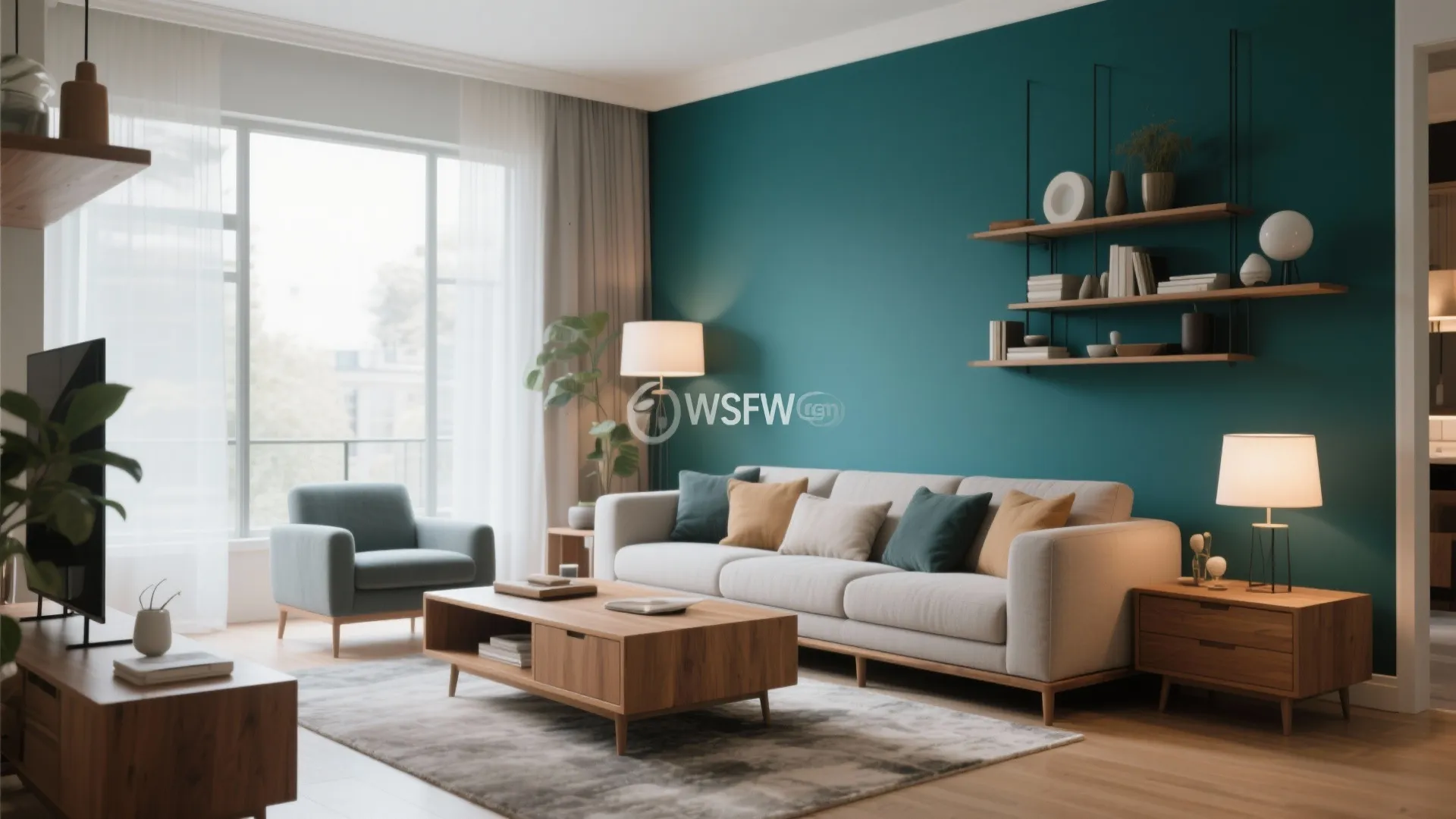 Living room with deep teal accent wall