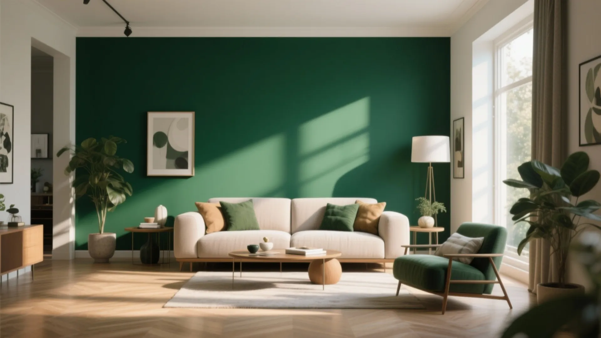 Living room with deep green accent wall behind the sofa