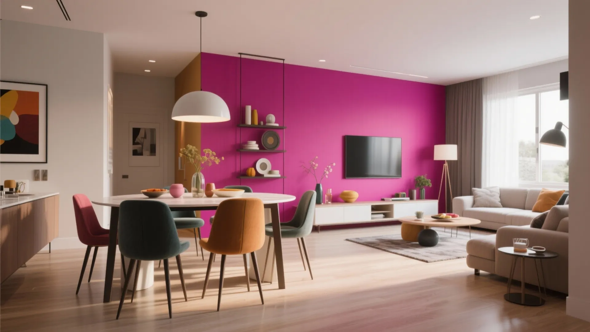 Bright open space with a vibrant pink accent wall behind a white cabinet and television