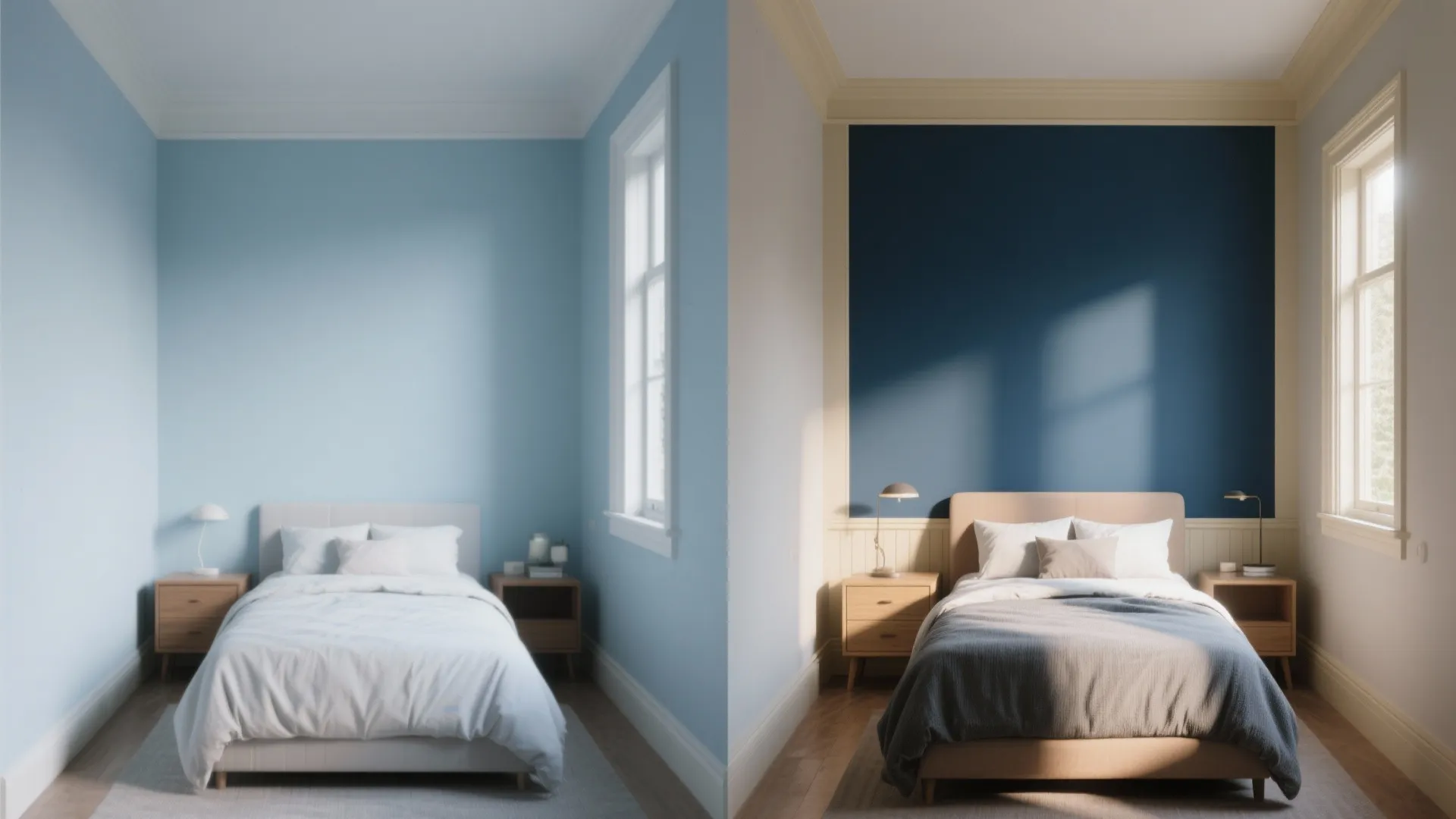 Bedroom comparison showing light blue walls versus a dark blue accent wall with wall panels