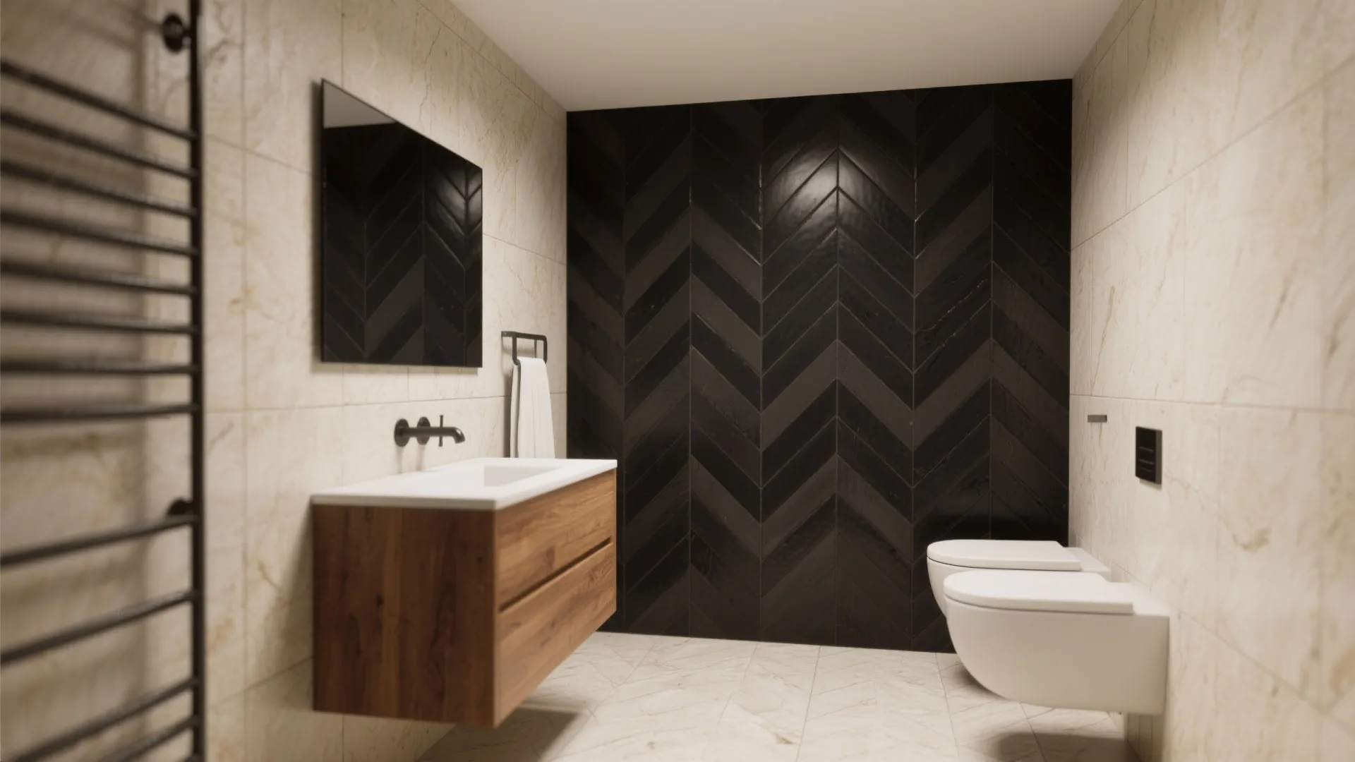 Small bathroom with black herringbone accent wall that continues onto the floor, contrasted with pale large-format tiles.