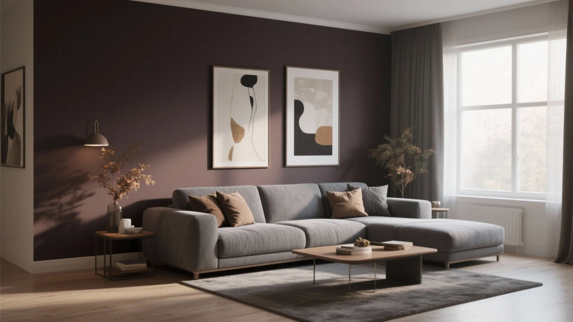 Small living room with a deep taupe accent wall and a cool gray sofa creating a strong focal point