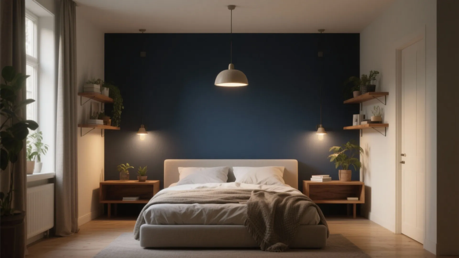 Symmetrical bedroom with dark blue wall white bed ceiling light wooden shelves and green plants