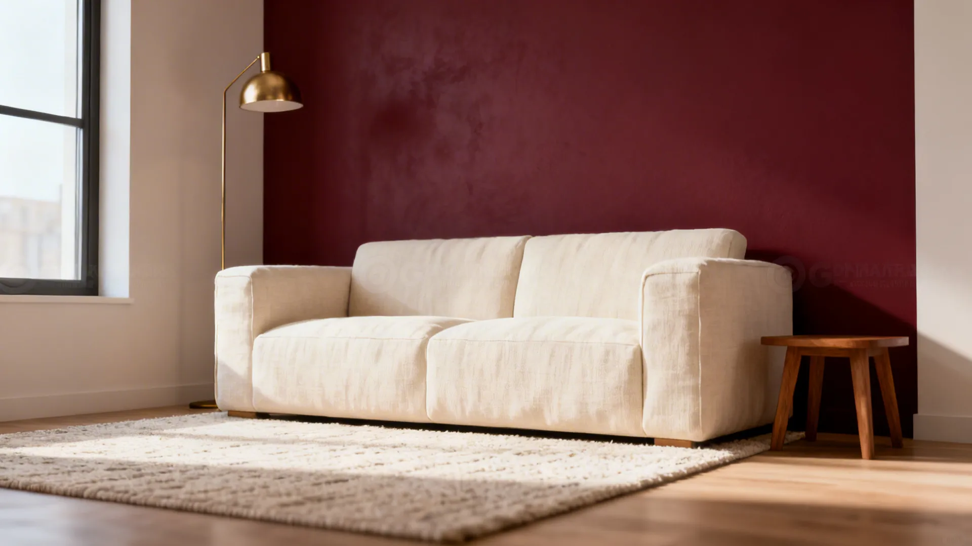 1. Burgundy Accent Wall + Cream Furniture