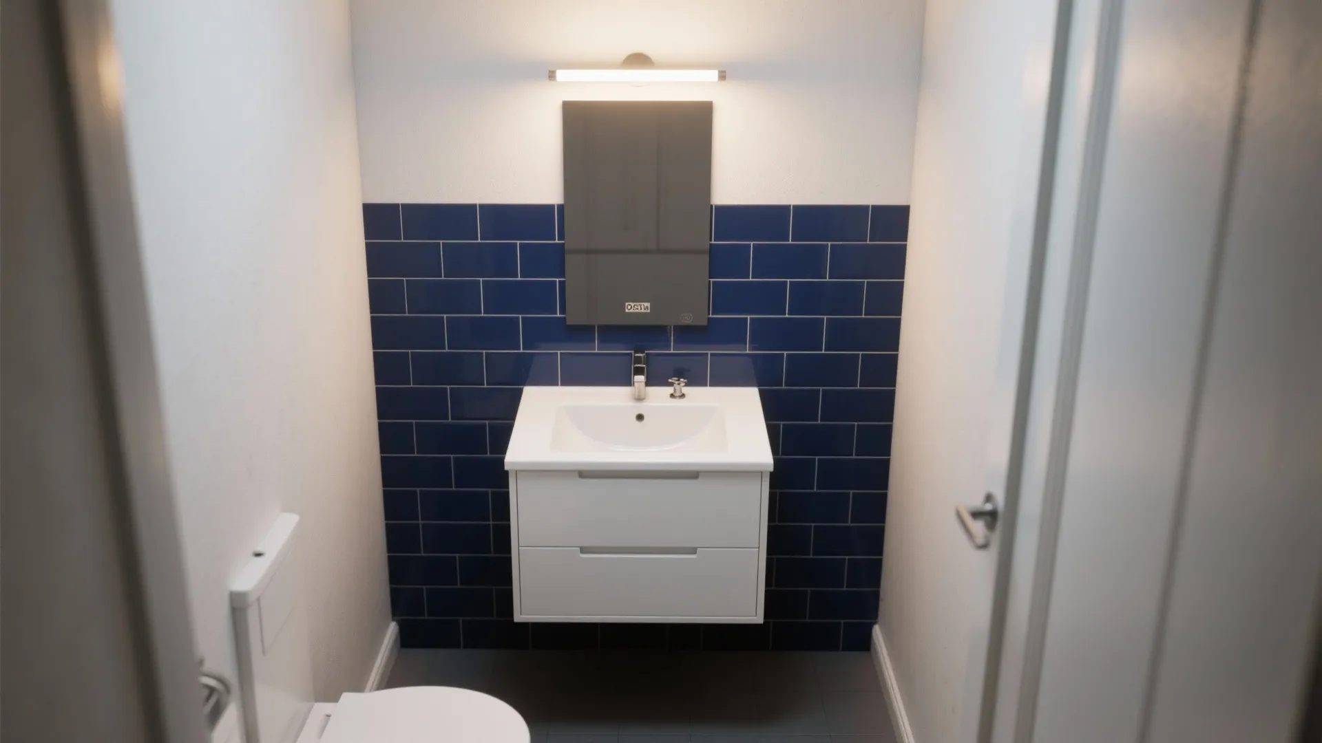 Small bathroom with white sink cabinet mirror and dark blue brick tiles on the wall